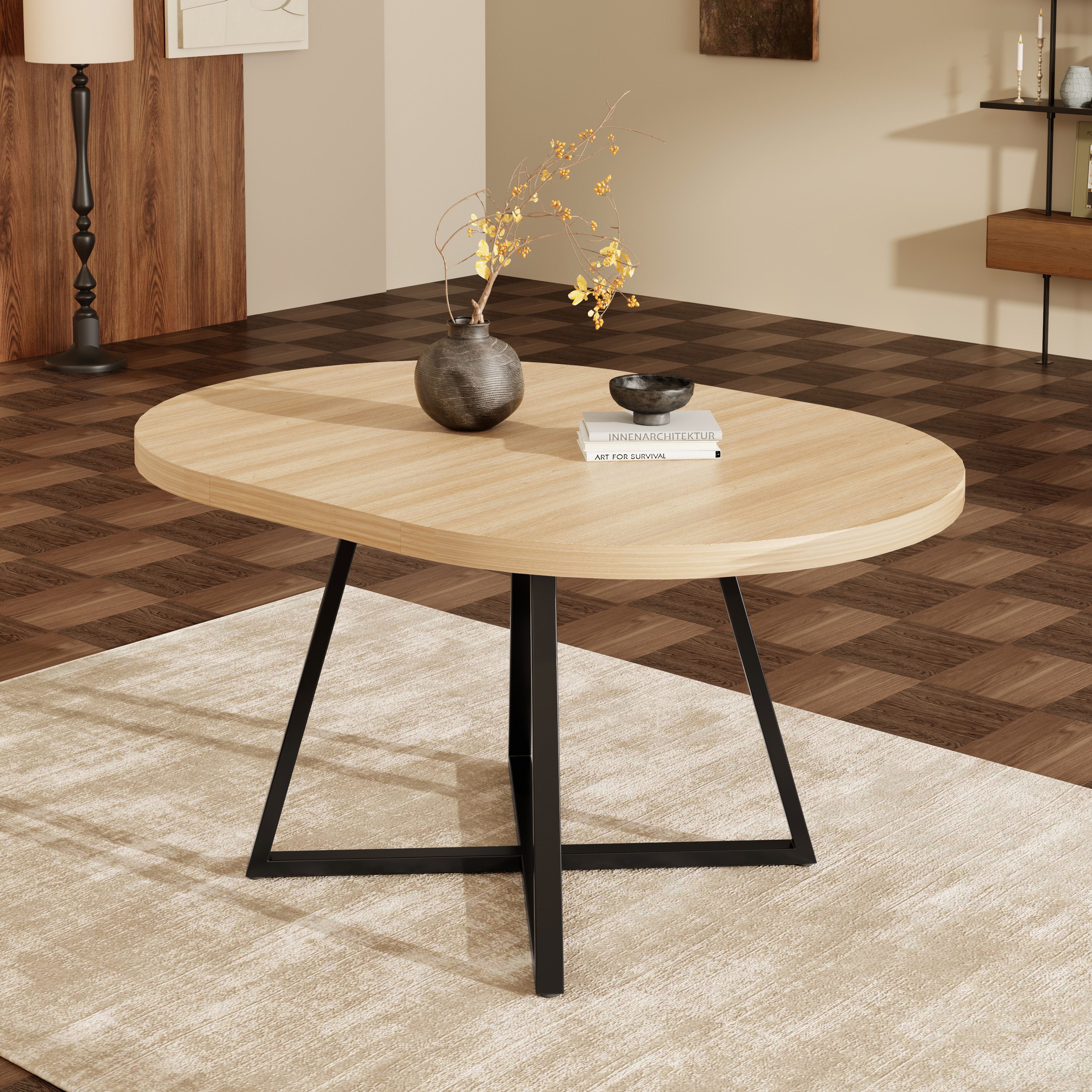 Flieks Esstisch ausziehbarer Küchentisch rund/oval (Länge 100-140x100x75 cm, Höhe Tischplatte 3cm, 1-St., 1 Tisch), erweiterbarer Tisch Holzoptik Schreibtisch Eichenfarbe, Metallgestell