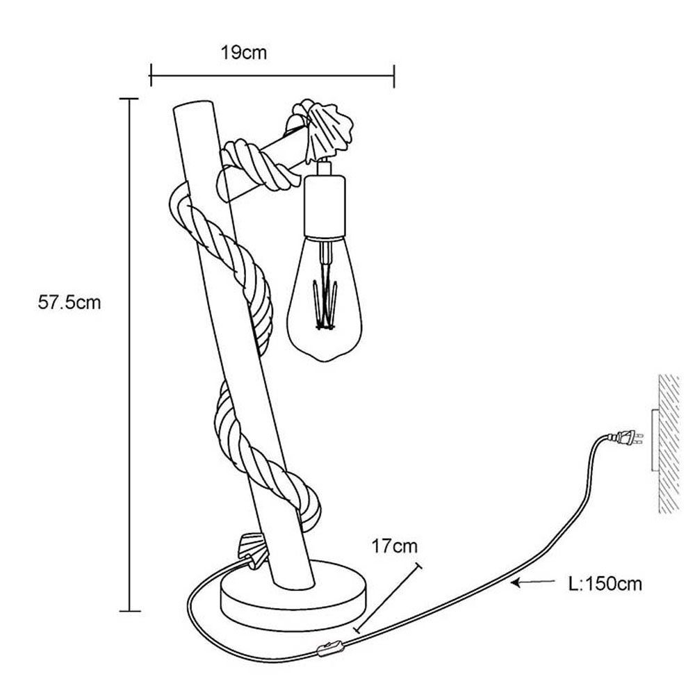 Tischleuchte, LED etc-shop Tischlampe Hanfseil Schlafzimmerlampe Vintage Holzlampe Leuchtmittel Tischleuchte inklusive, nicht