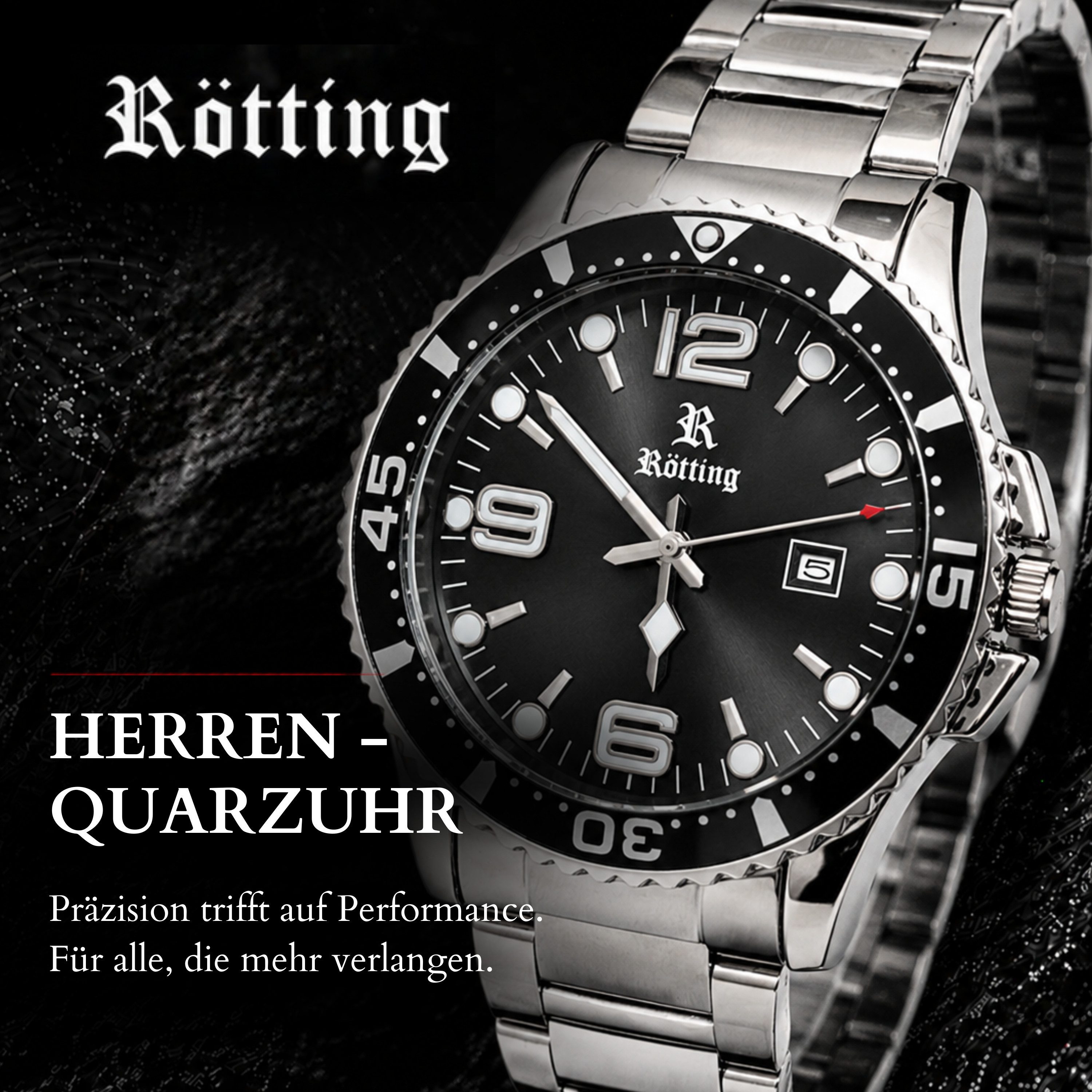 Rötting Design Quarzuhr Herren - Edelstahlarmband - Herrenuhr - schwarzes Zifferblatt, Gehäuse und Armband IP beschichtet, einseitig drehbare Lünette – Bild 2 von 5