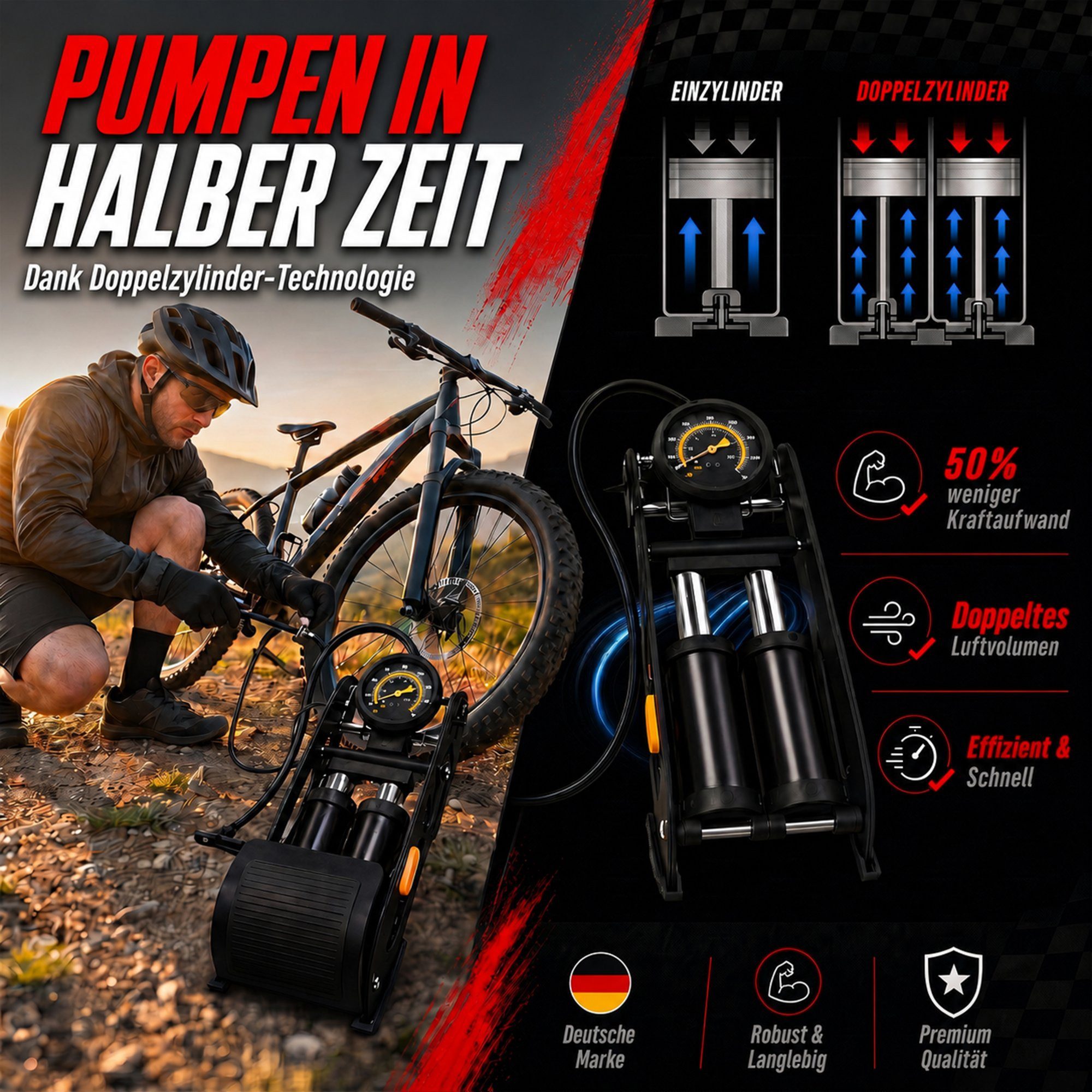 Pitlane Performance Luftpumpe KFZ & Fahrradpumpe alle Ventile Fußpumpe (1-tlg., Tritt Fuß-Pumpe für E-Bike, Auto, Motorrad & Ball, inkl. 3 Adapter), bis 11 Bar  – Bild 2 von 5