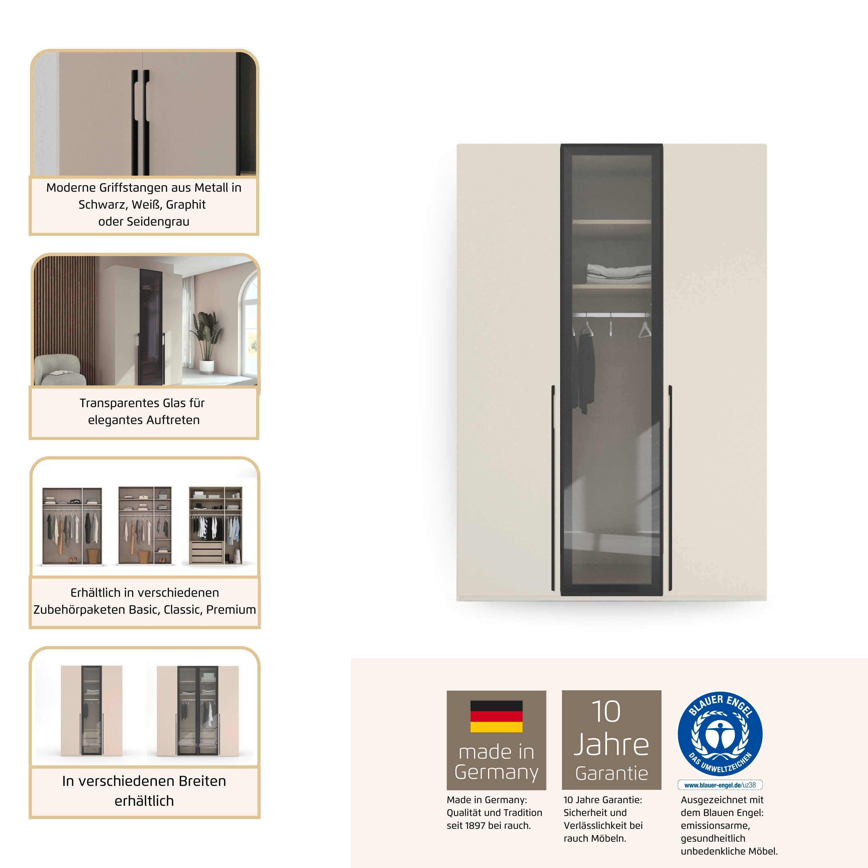 rauch Kleiderschrank Schrank Garderobe SKAT SHINE Breiten 151/201/251/301cm, Höhe 223/235cm (3 verschiedene Ausstattungen BASIC/CLASSIC/PREMIUM (inkl. SOFT-CLOSE) edle Schrankfront mit hochwertigen Glasrahmentüren MADE IN GERMANY