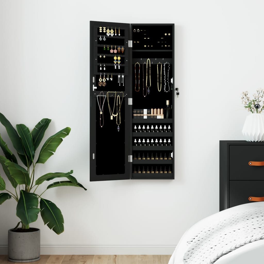 furnicato Spiegelschrank Spiegel-Schmuckschrank 30 x 8,5 x 106 cm Schwarz (1-St) Abschließbarer Schmuck-Organizer mit Spiegel und Wandmontage