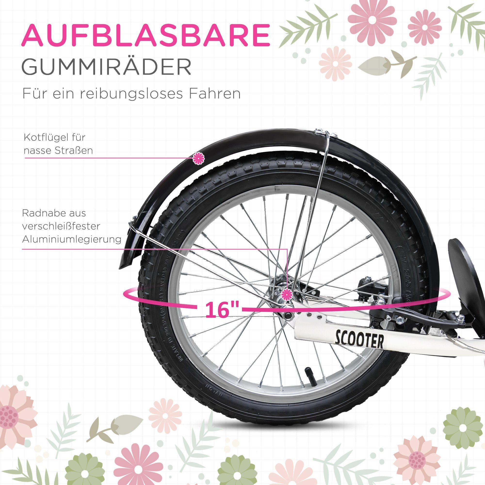 HOMCOM Cityroller Kickscooter inkl. Korb, höhenverstellbar, für Kinder 5-12 Jahren, 1 km/h, (Roller, 1 tlg., Kickscooter), für 5-12 Kinder, Rosa+Schwarz