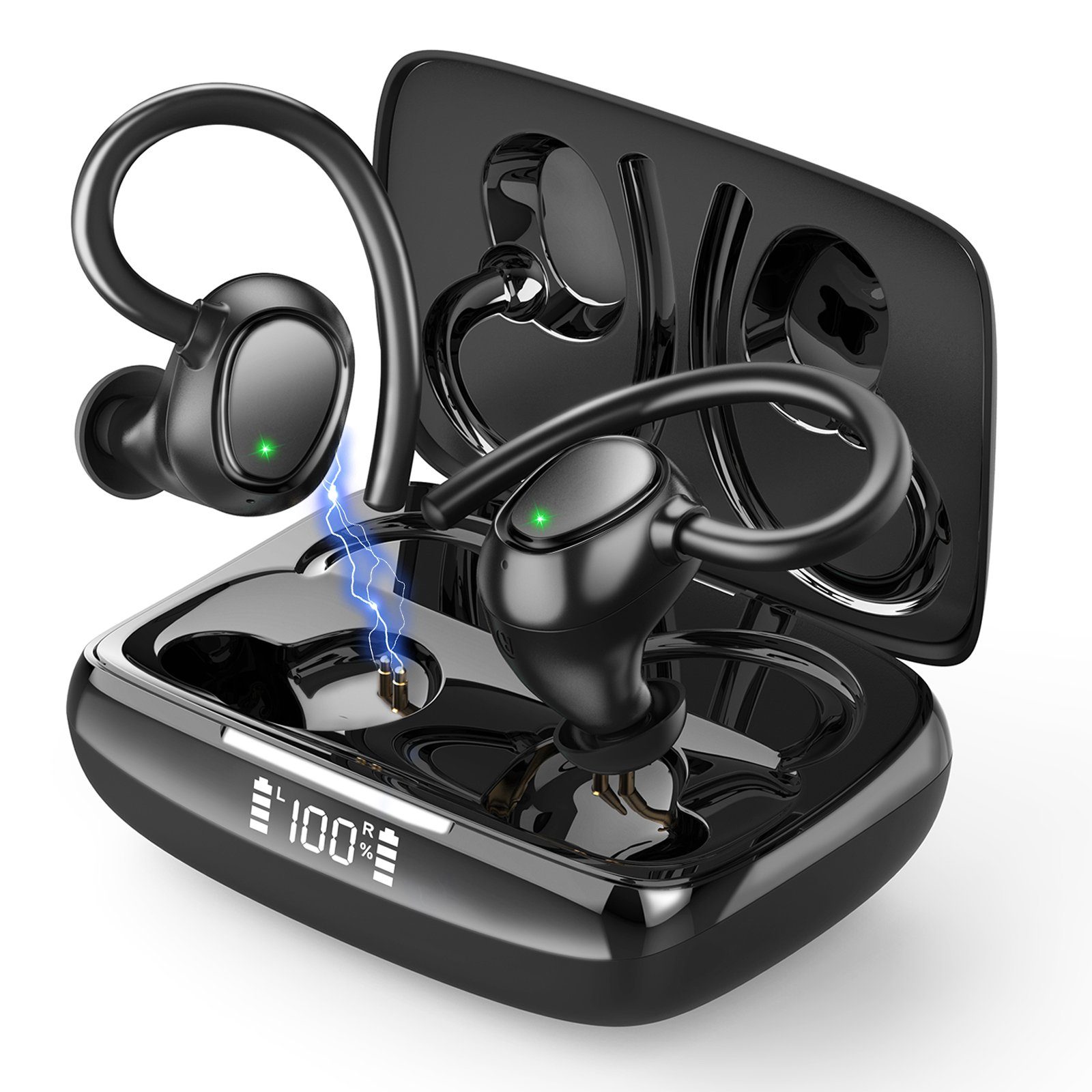 Yuede Bluetooth 5.3 Sportkopfhörer,IP7 Wasserdicht Earbuds In-Ear-Kopfhörer (24H Immersive Bass, mit Digital LED Display, ENC HD Anruf One Step Pairing, 13-mm-Schwingspule) Schwarz