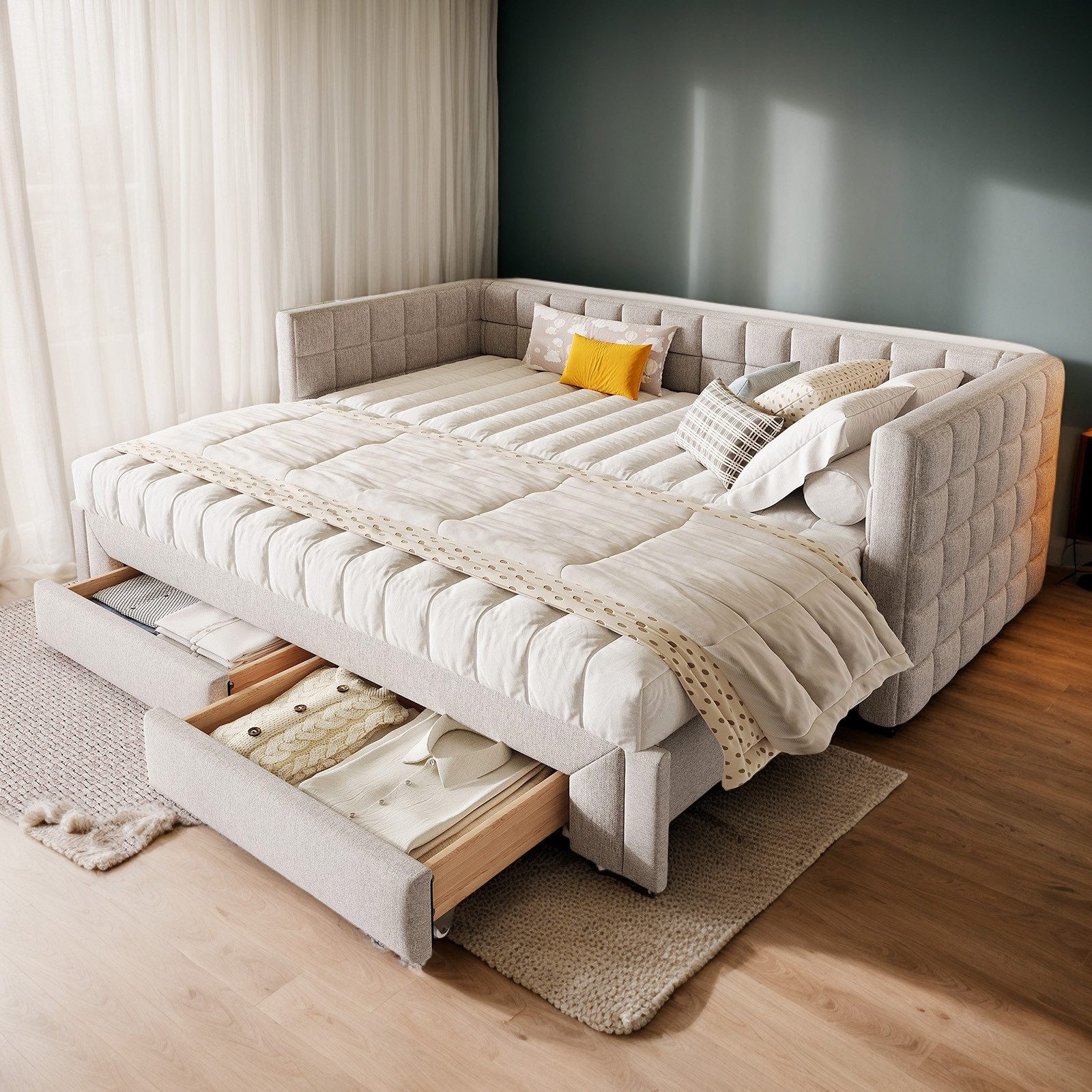 REDOM Daybett Sofabett,mit 2 Schubladen (Luxuriöses Samt Daybett 90x200 cm, ausziehbar auf 180 cm mit quadratischer Rückenlehne), ohne Matratze