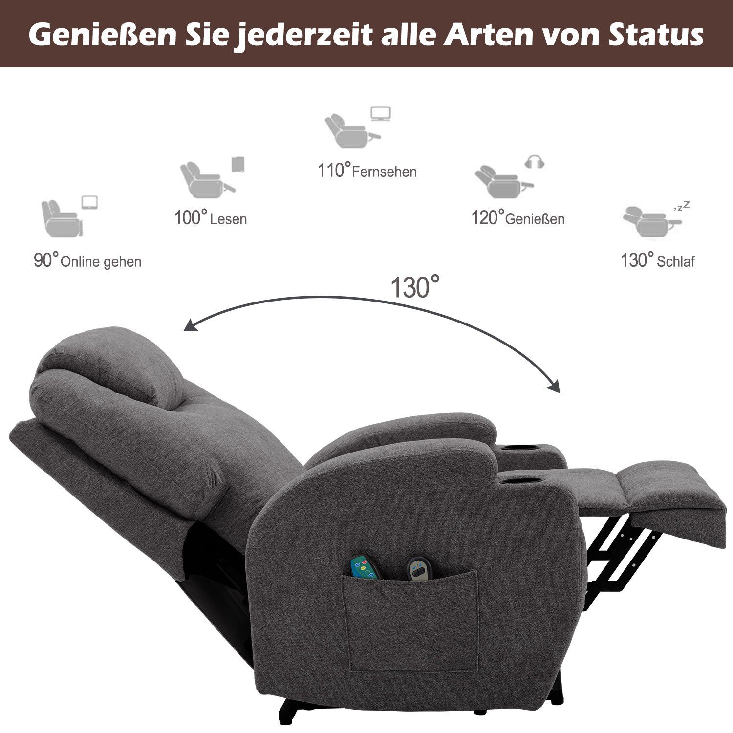 TV-Sessel (Liegefunktion, Wärmefunktion und Vibrationsmassage), Fernsehsessel mit Aufstehhilfe, bis zu 130 kg belastbar