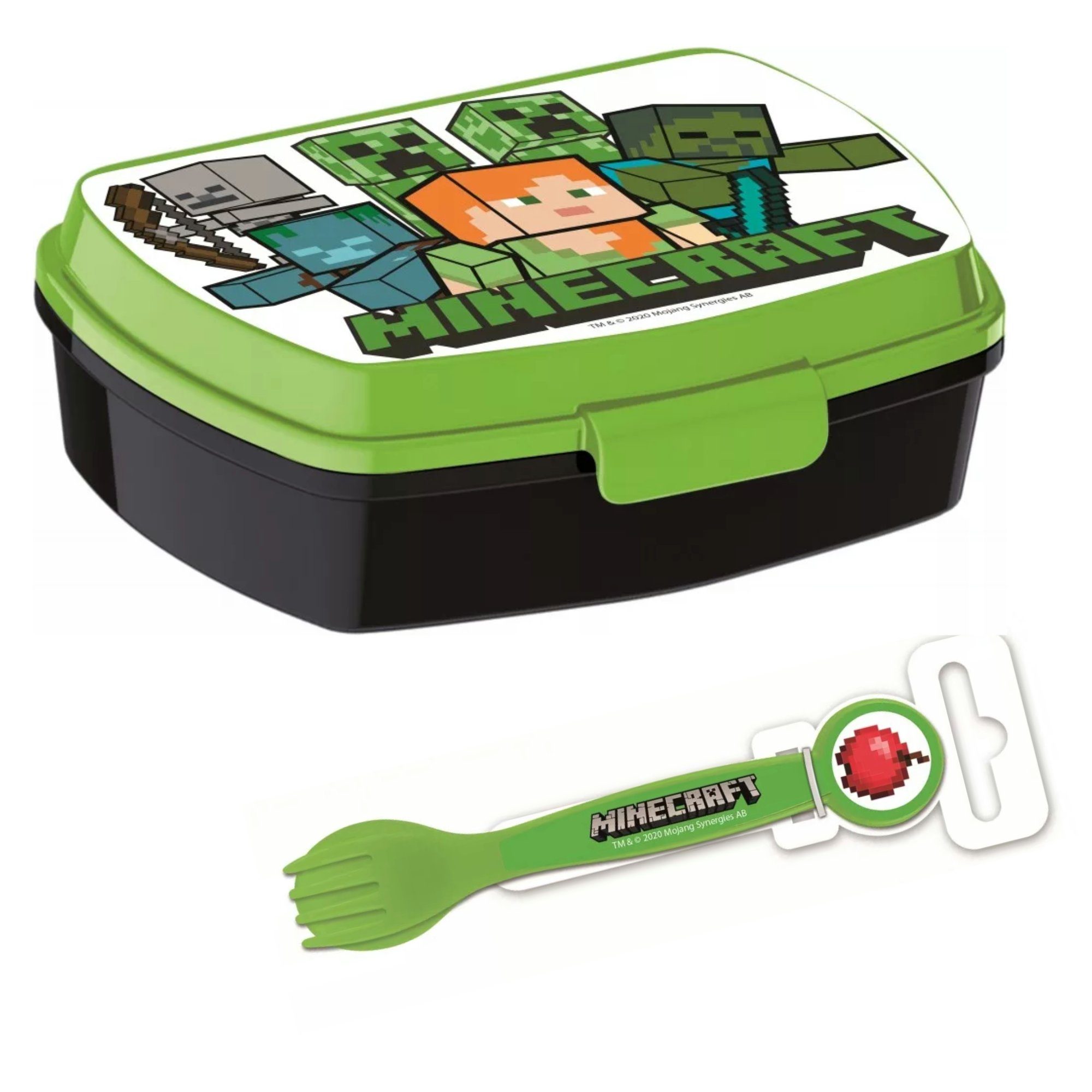 Schwarz Gabel Kunststoff, (3-tlg) plus Löffel, Brotdose und Lunchbox Minecraft Kinder Minecraft