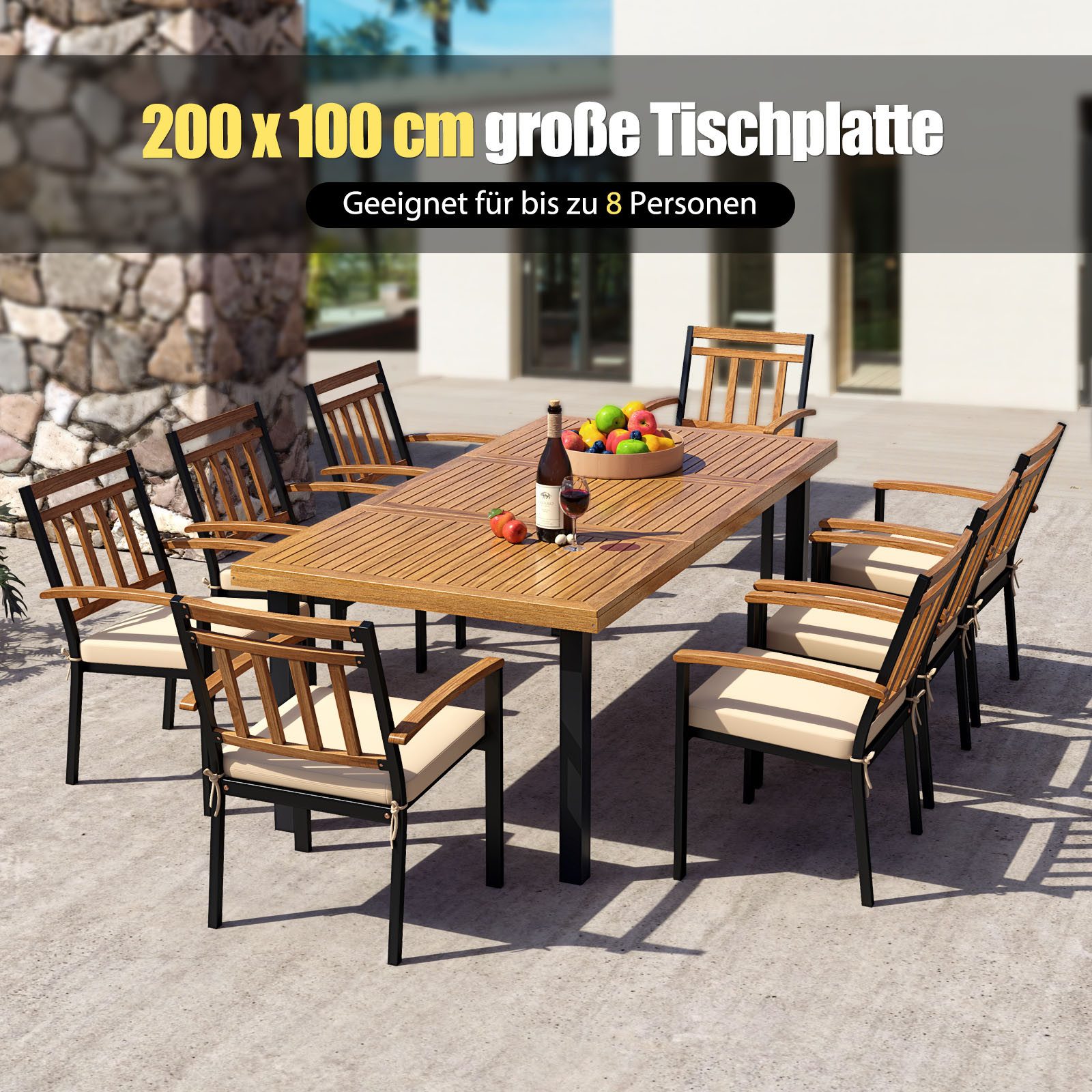 COSTWAY Gartentisch, mit Schirmloch, rechteckig, Akazienholz, günstig online kaufen