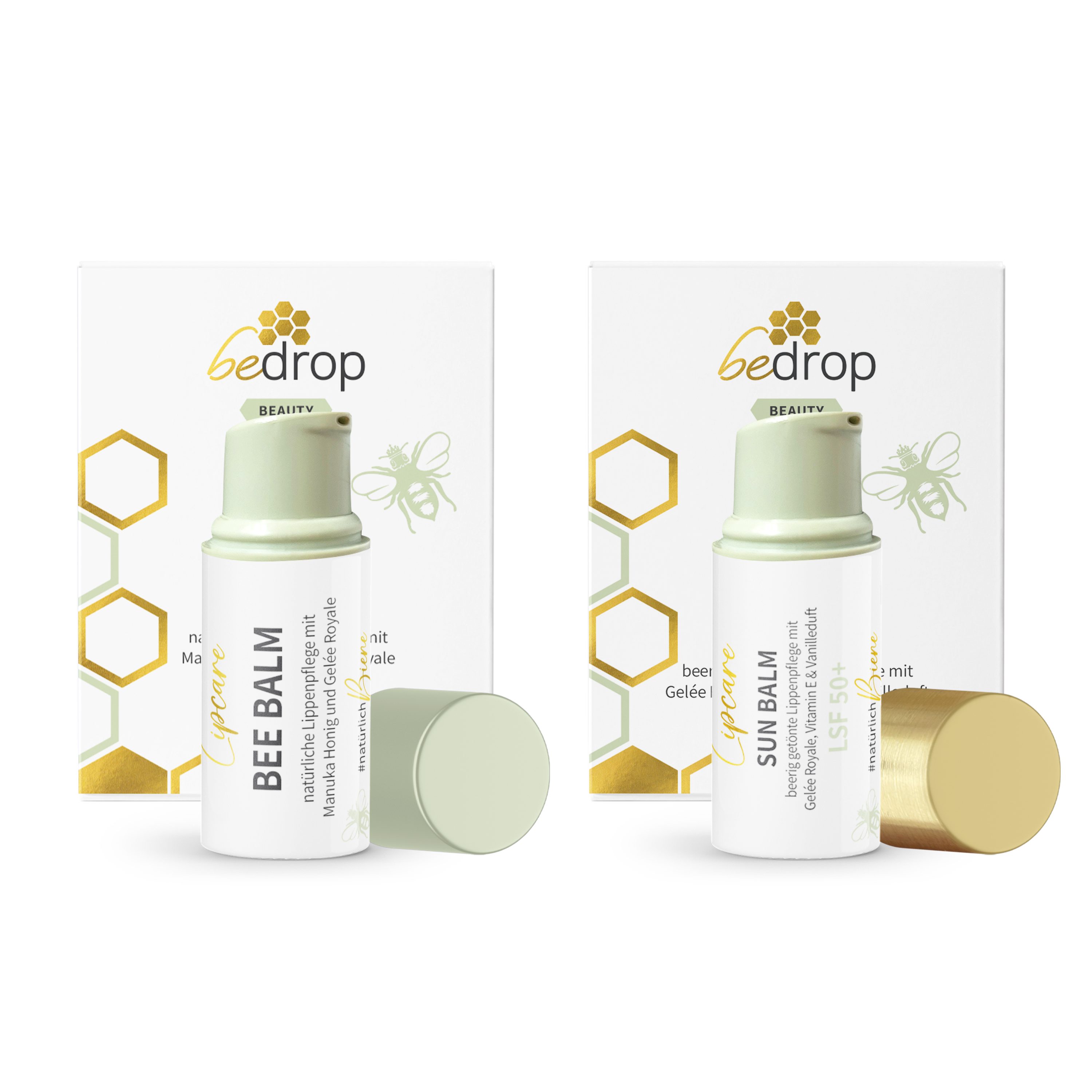 bedrop Lippenbalsam Lippenpflegeset: Doppelte Pflegepower: Bee Balm & Sun Balm LSF 50+, Power-Duo: Lippenpflege aus dem Bienenstock für jeden Anlass
