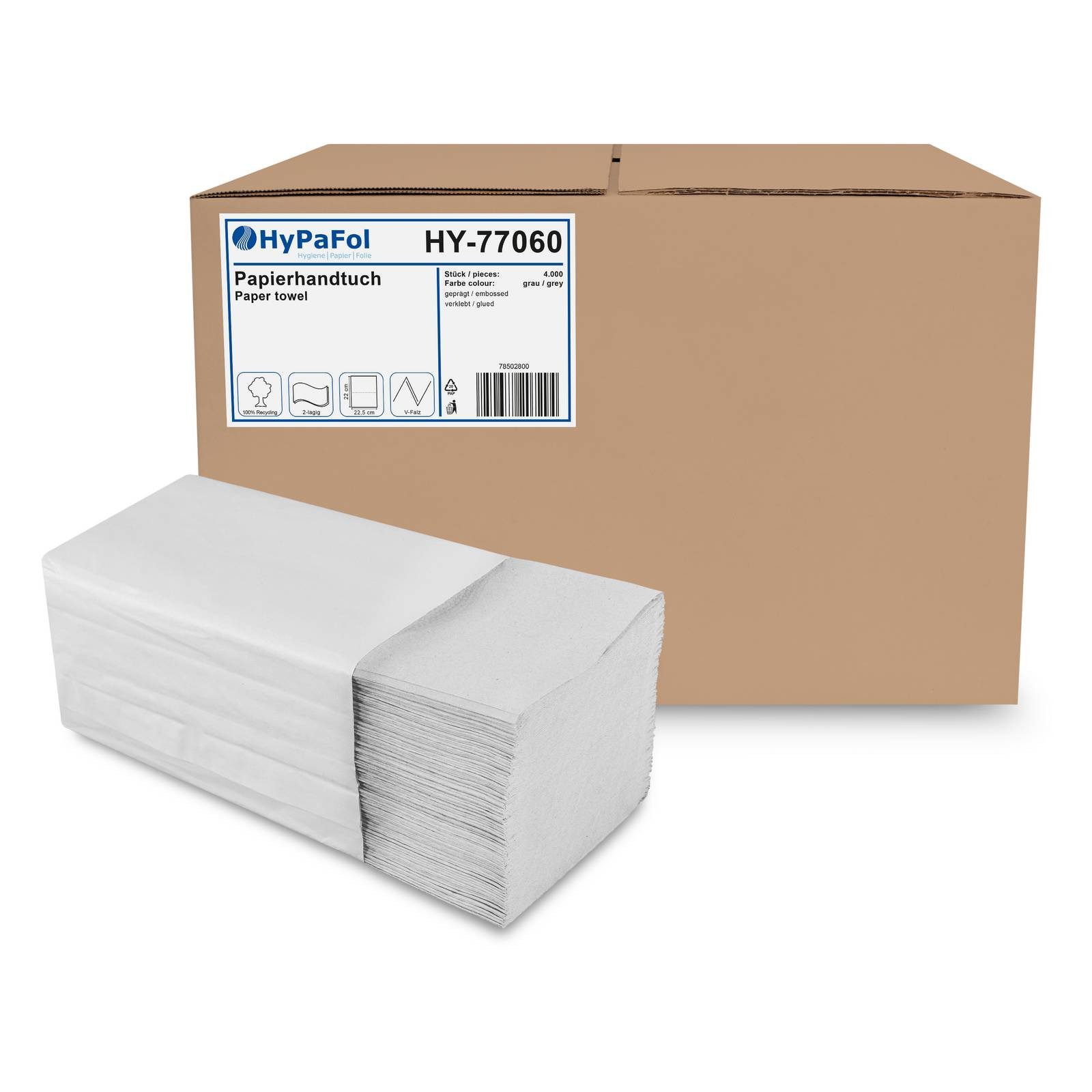 Hypafol Papierhandtuch Recycling hellgrau, 2-lagig, 22,5x22 cm, 4000 Blatt, ZZ/V-Falz (4000-St)