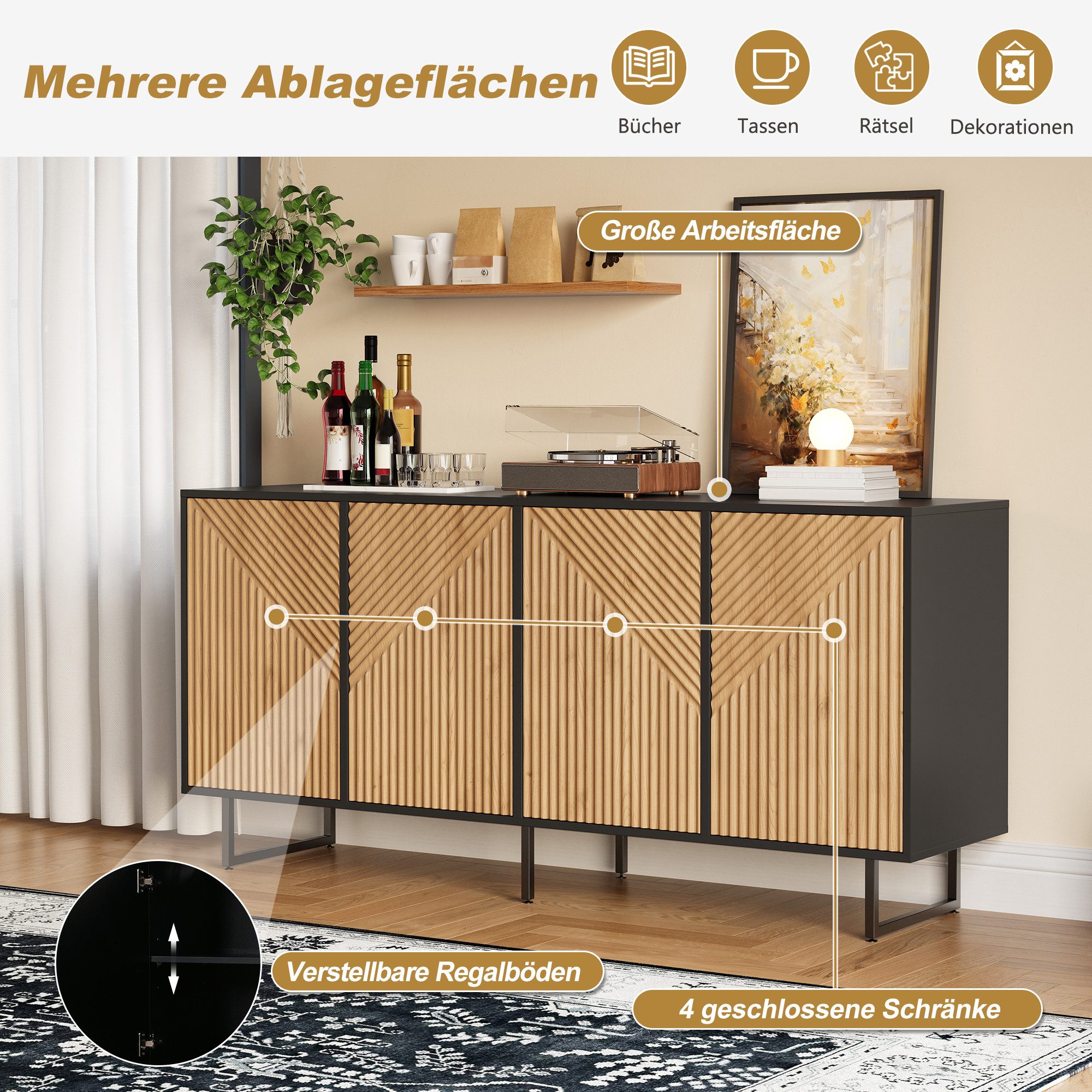Merax Sideboard in Holzoptik & Schwarz (1 St), Wohnzimmerschrank mit 4 Türen, 8 Fächern und Metallbeinen, 160x40x75cm – Bild 4 von 5