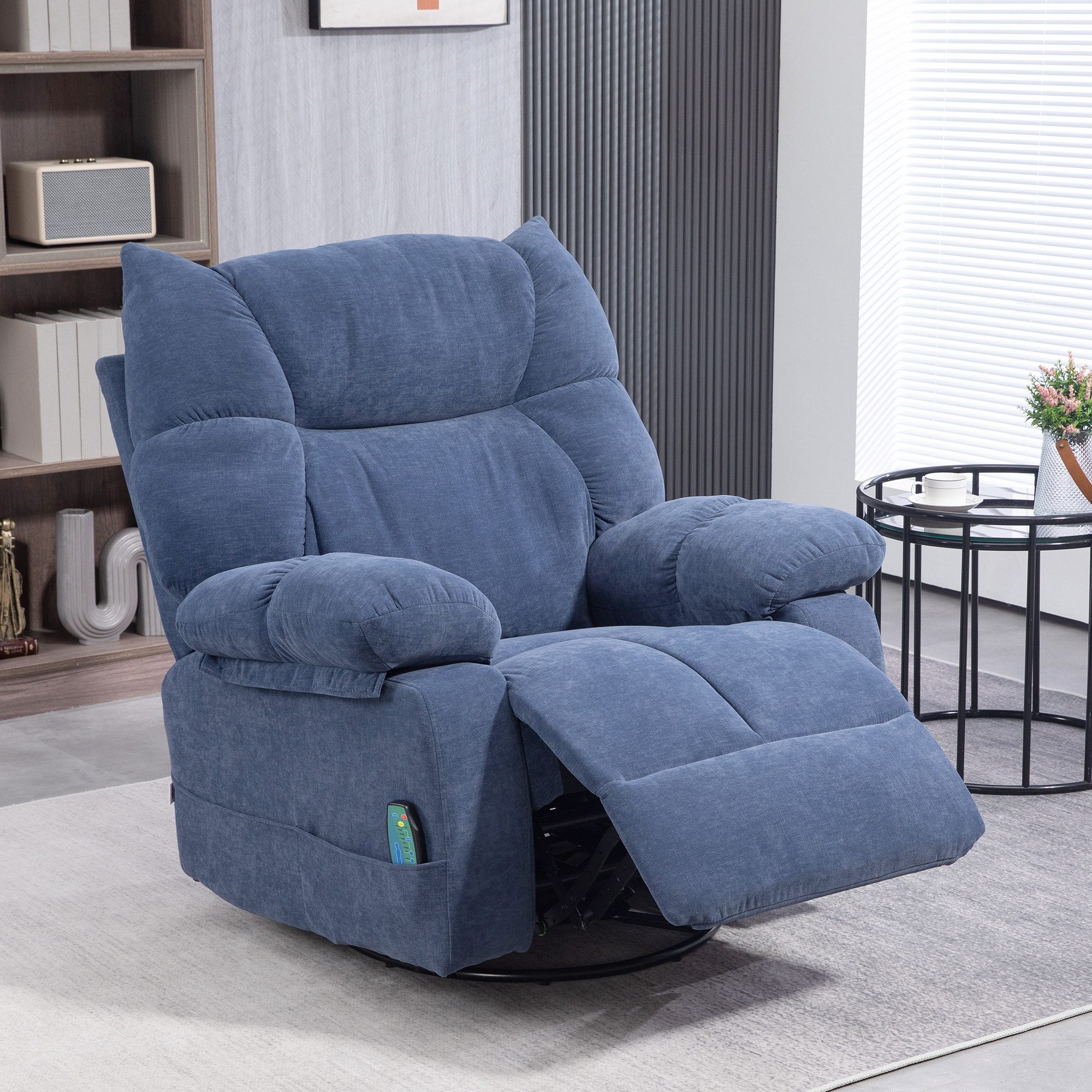 HOMCOM Massagesessel Relaxsessel mit Vibration, Heizung, Fußteil, Liegesessel (Fernsehsessel mit Wärmefunktion, Liegefunktion, 1-St., TV Sessel mit Seitentaschen, Fernbedienung), 98 x 90 x 98 cm, Blau