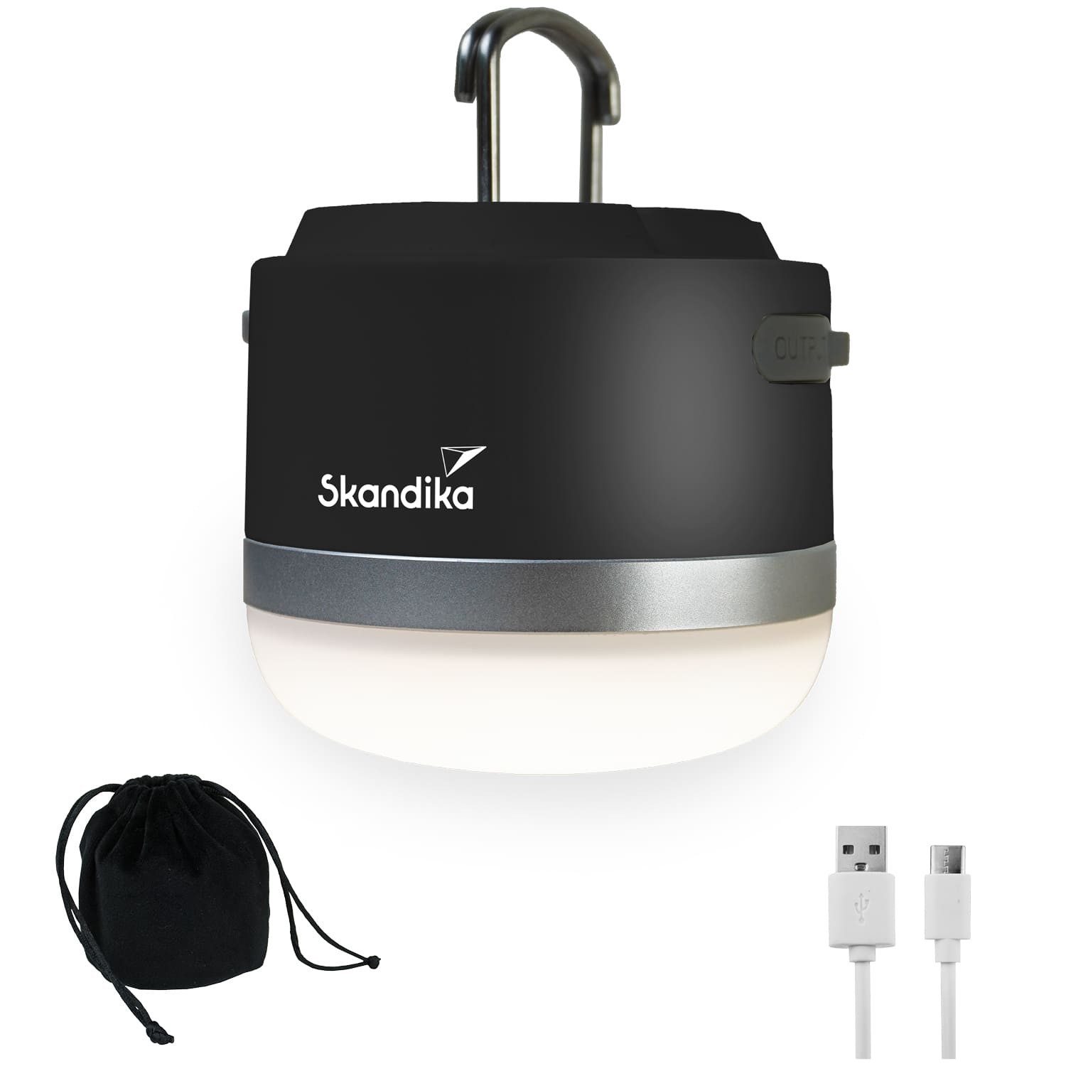 Skandika LED Gartenleuchte Campinglampe Tarfala, aufladbar, USB Anschluss, 3600 mAh Powerbank, stufenlos dimmbar, 110 h Akku, Zeltlampe, Haken zum Aufhängen, Outdoor