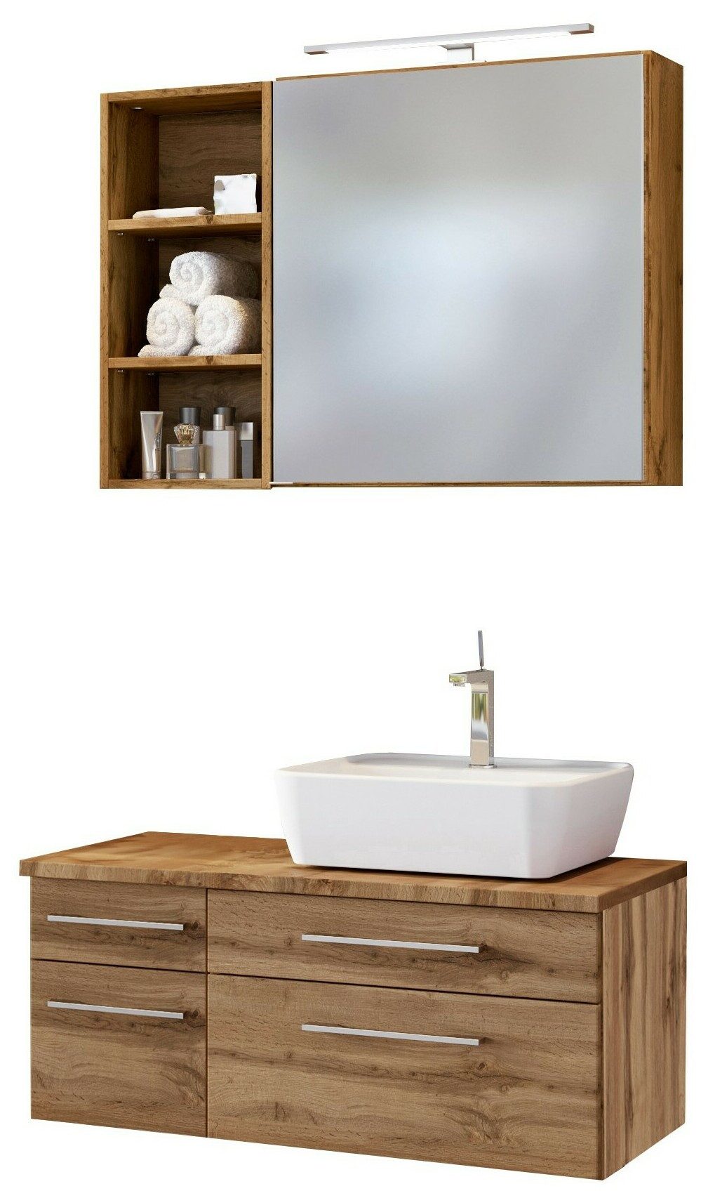 Basera® Badmöbel-Set Basera® Avola 90 cm breit, Wotaneiche, inkl. LED-Spiegelschrank, Hängeregal und Waschtisch m...
