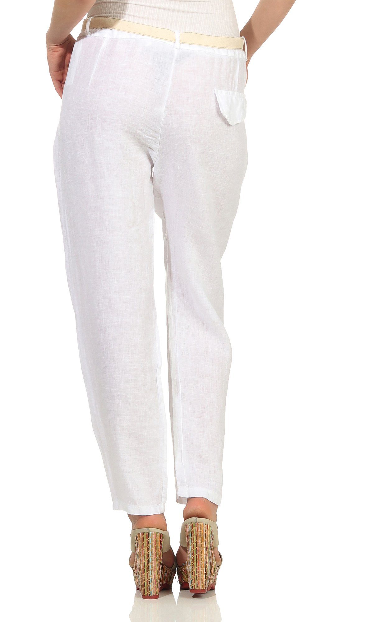 Mississhop Leinenhose Leinenhose 100 % Leinen Freizeithose mit Stoffgürtel M.317