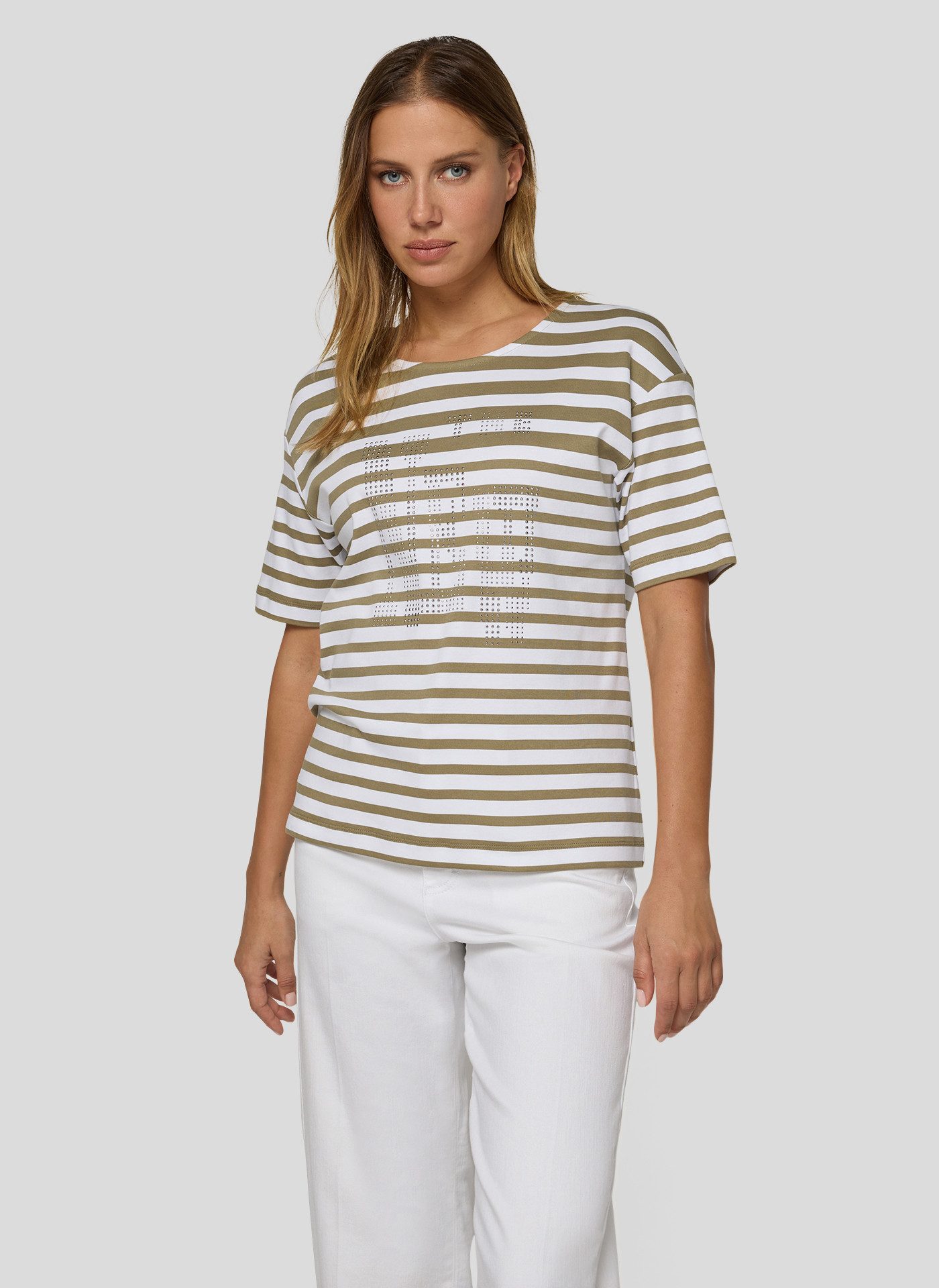 Rabe Rundhalsshirt mit Allover-Streifen und Glitzersteinen