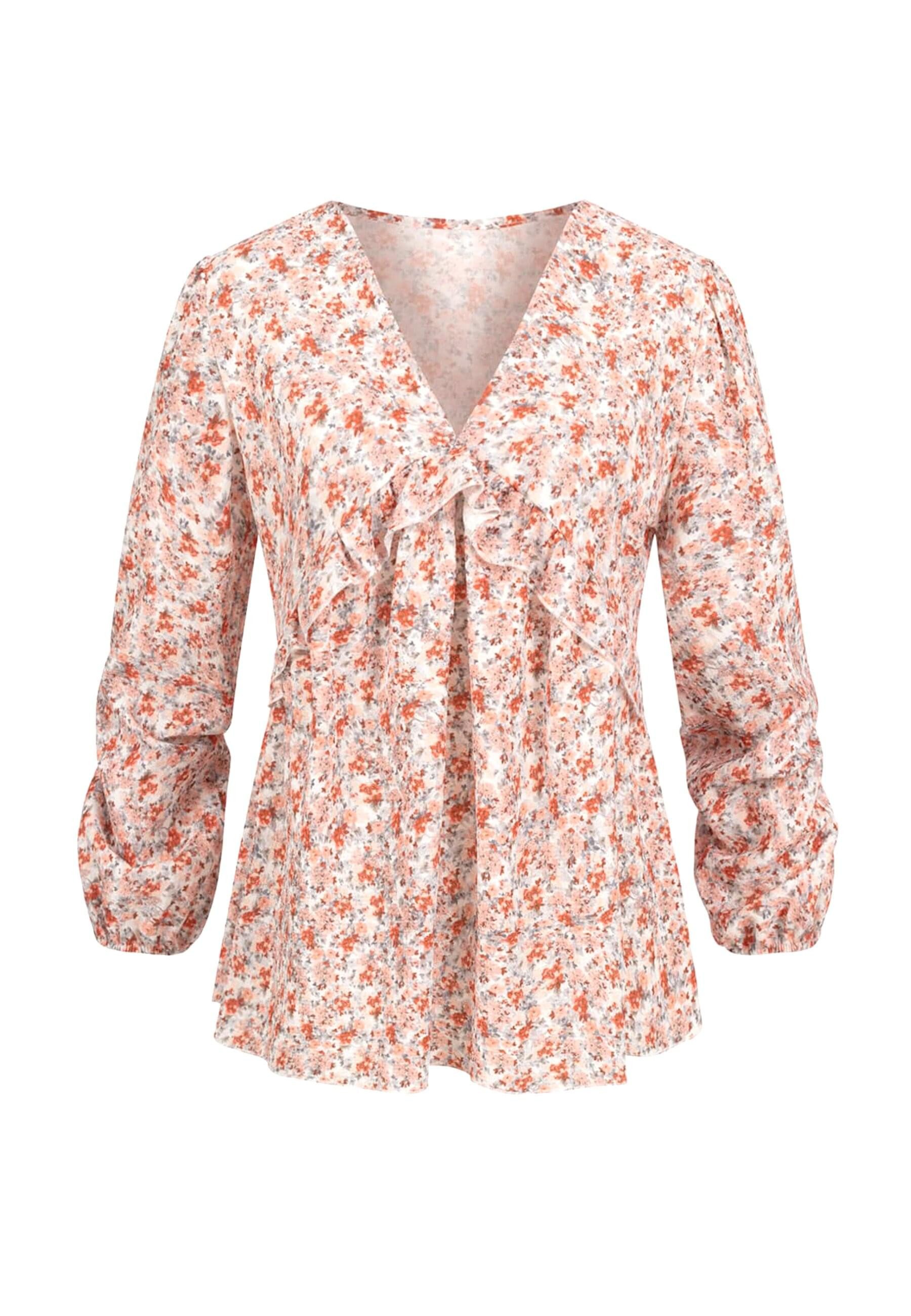 CLOUD 5IVE Langarmhemd CLOUD 5IVE V-Neck Bluse mit Rüschendetails und Blumen Print
