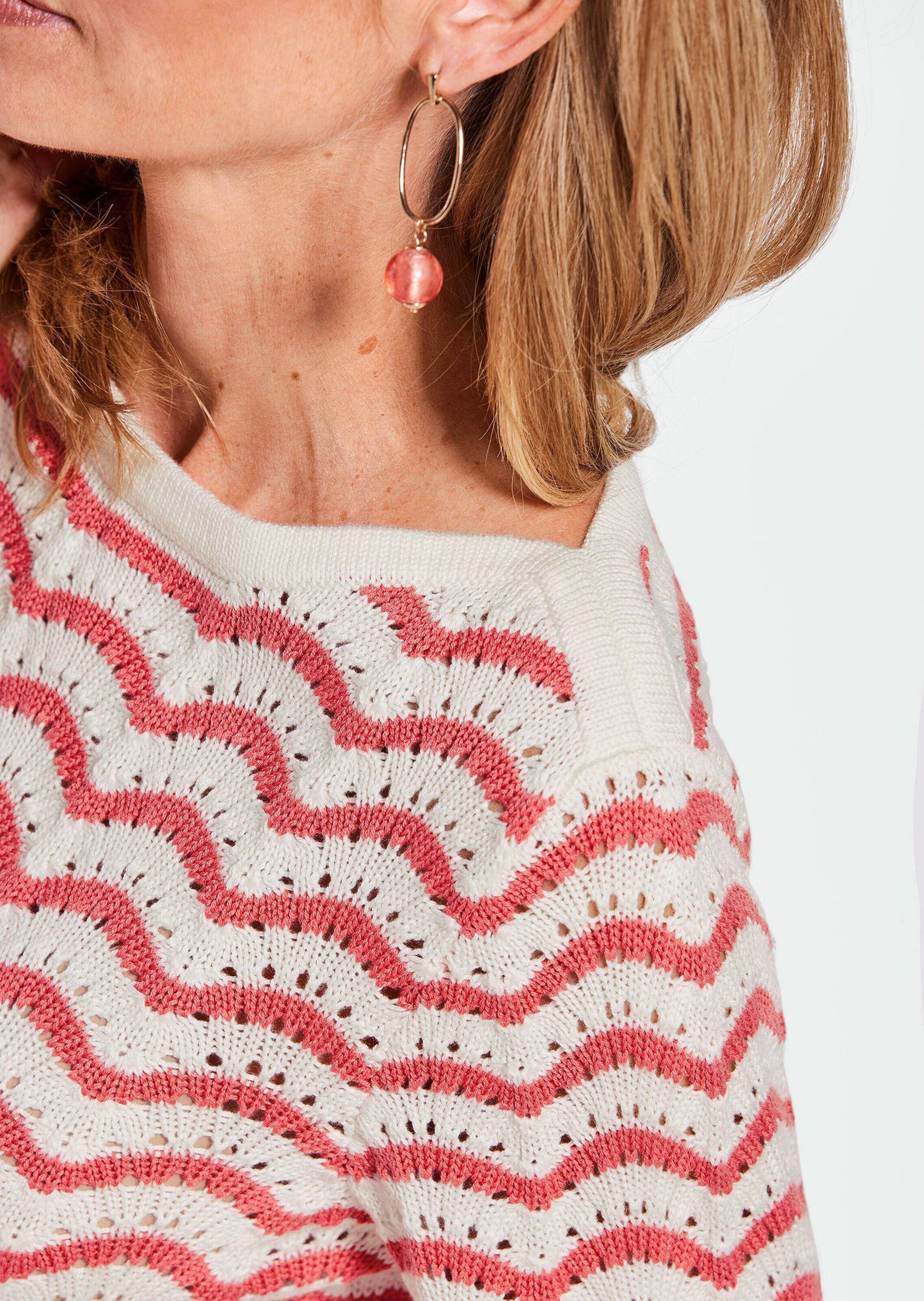 GOLDNER Strickpullover Ringelpullover mit 3/4-Arm und Ajourdetails Feines Strickoberteil aus Baumwollmix mit U-Boot-Ausschnitt