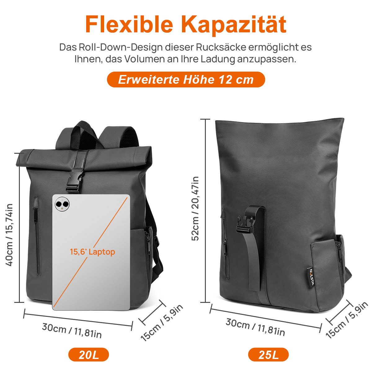 NULSTA Rucksack Rolltop Rucksack Wasserdicht Damen & Herren Daypack Freizeitrucksack, 30*15*40cm,Cityrucksack,Tourenrucksack,Schulrucksack