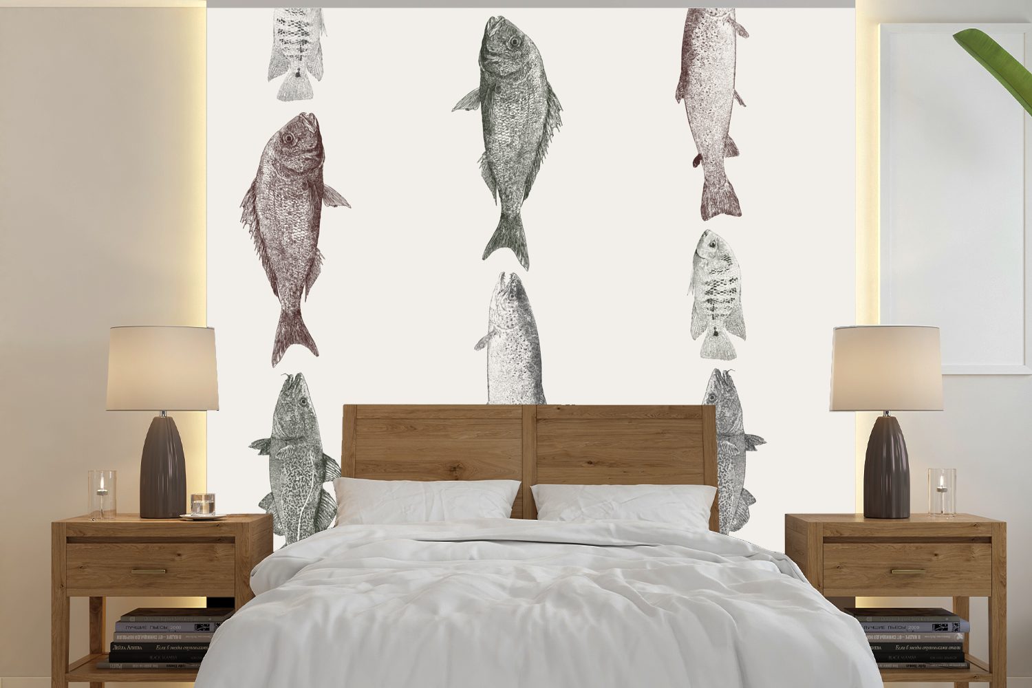 MuchoWow Fototapete Vintage-Illustration einer Tapete Vinyl für Reihe Matt, bedruckt, (5 oder Fischen, St), Wandtapete Schlafzimmer, Wohnzimmer von