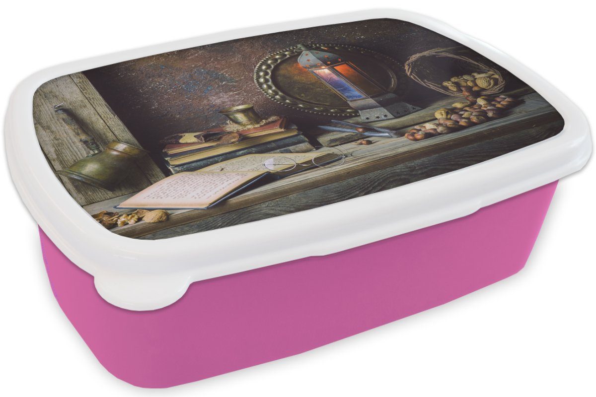 Vintage, (2-tlg), Erwachsene, Lunchbox MuchoWow Walnuss Snackbox, - - Kunststoff, Laterne Brotbox Kinder, - Buch Kunststoff für Mädchen, - Stilleben Brotdose rosa