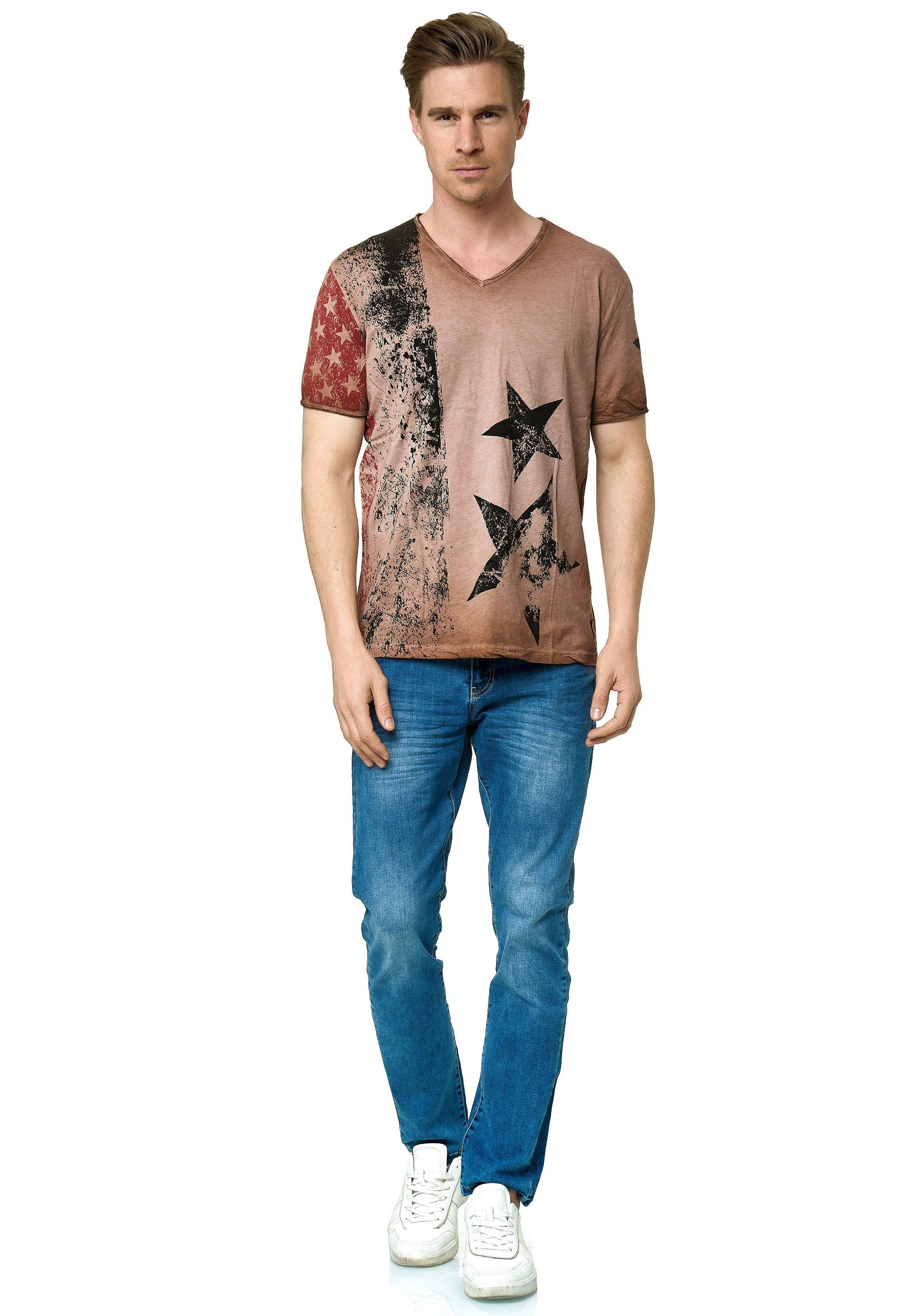 Rusty Neal T-Shirt mit V-Neck camelfarben