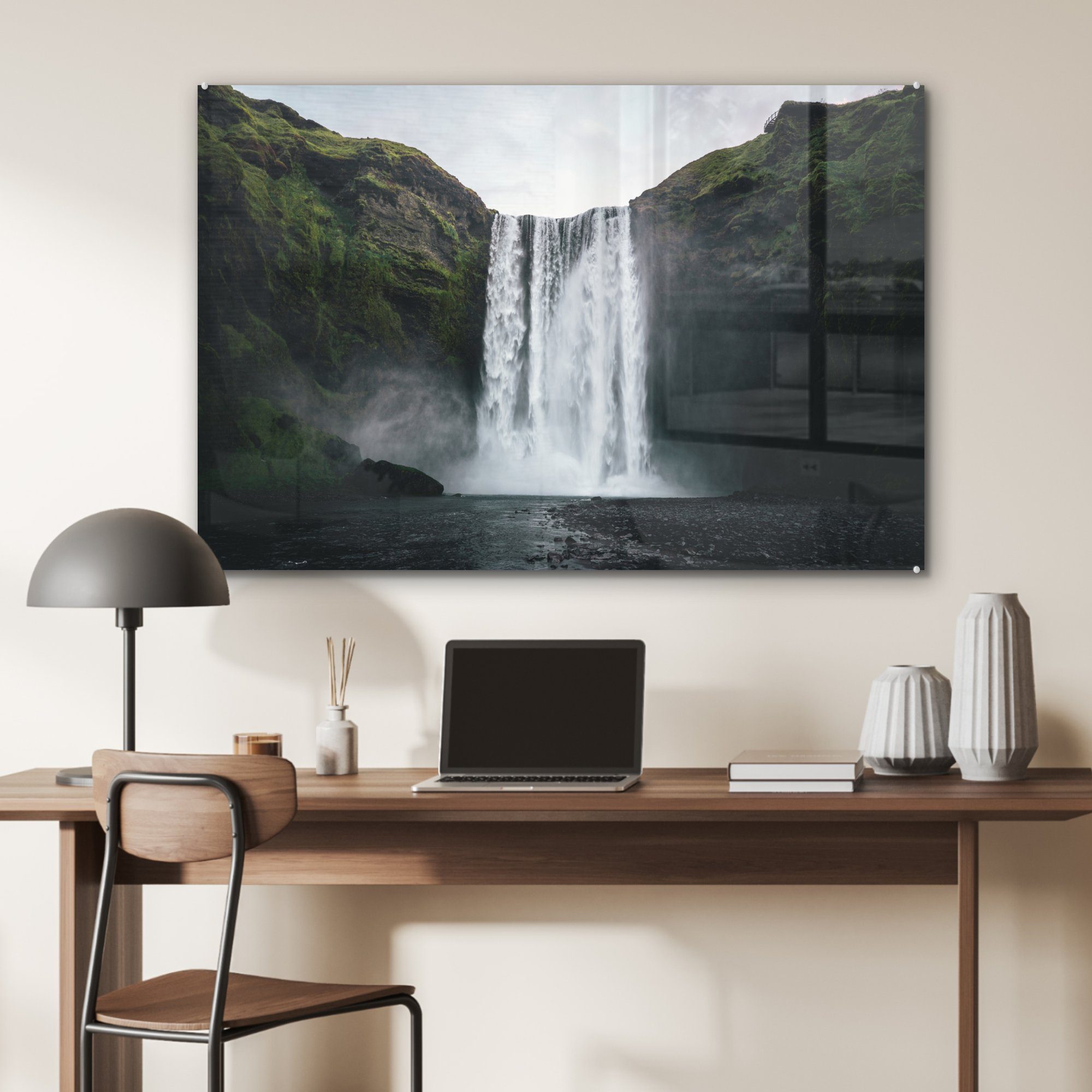 MuchoWow Acrylglasbild Wasserfall - Wohnzimmer - & Acrylglasbilder Felsen, Island (1 Schlafzimmer St)