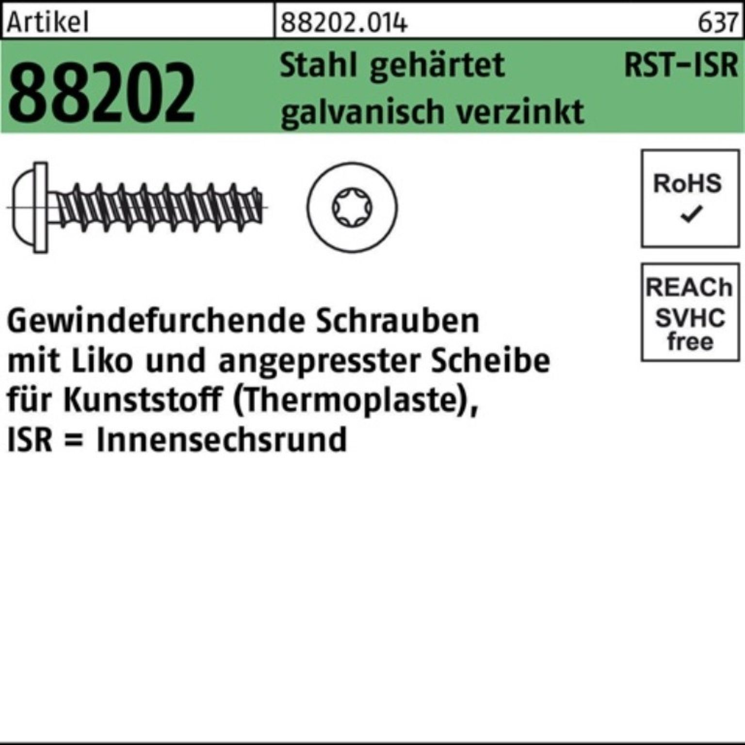 Reyher Gewindeschraube 500er Pack Gewindefurchendeschraube R 88202 Liko ISR 4x20-T20 Stahl ge