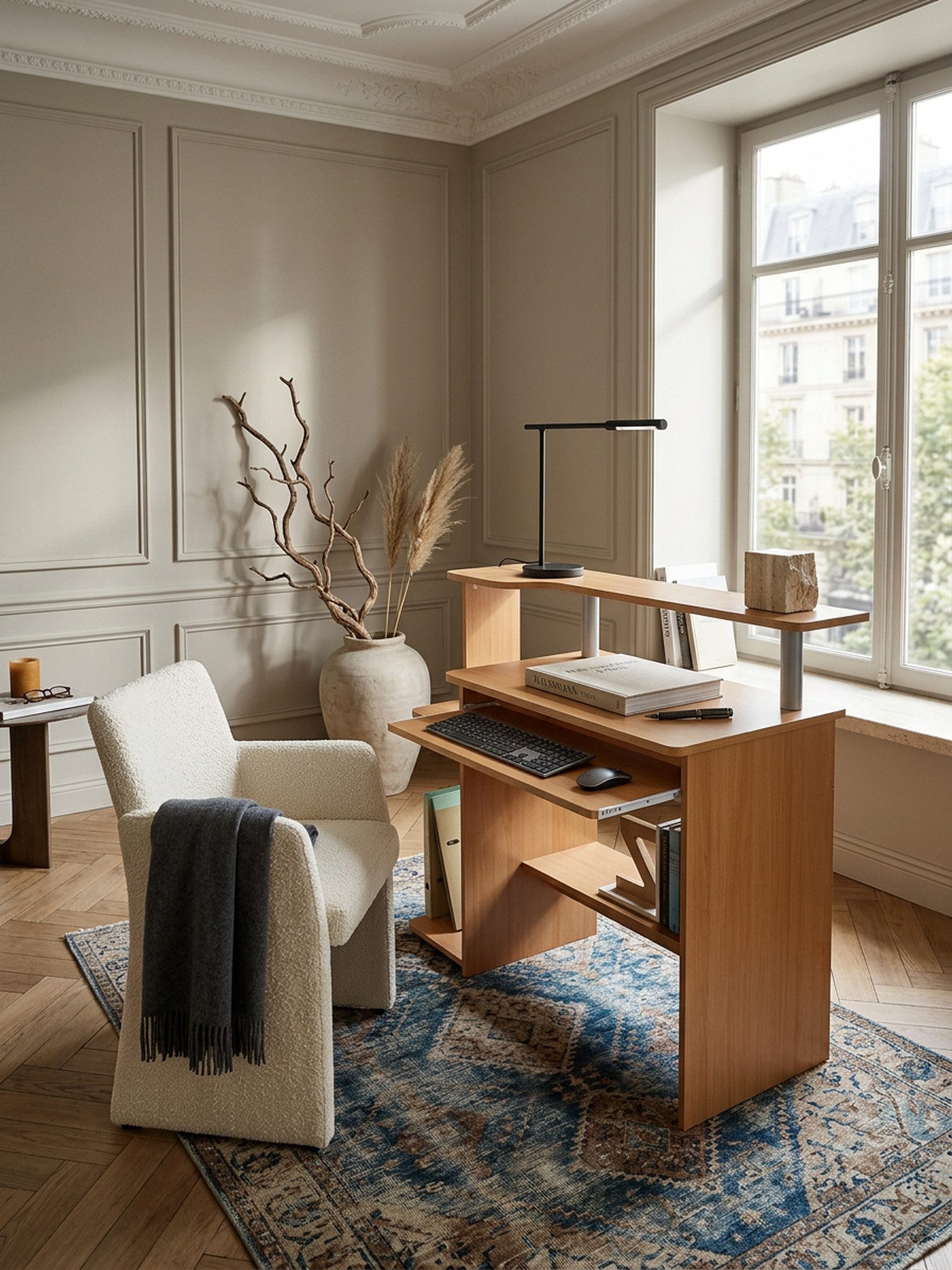 KADIMA DESIGN Schreibtisch Computertisch WL1.163 Buche 94x90,5x48,5 cm Laptop Tisch Modern mit (Schreibtisch für kleine Räume mit Ablage, Laptoptisch Klein), Tastaturauszug, PC-Tisch mit Drucker-Ablage platzsparend