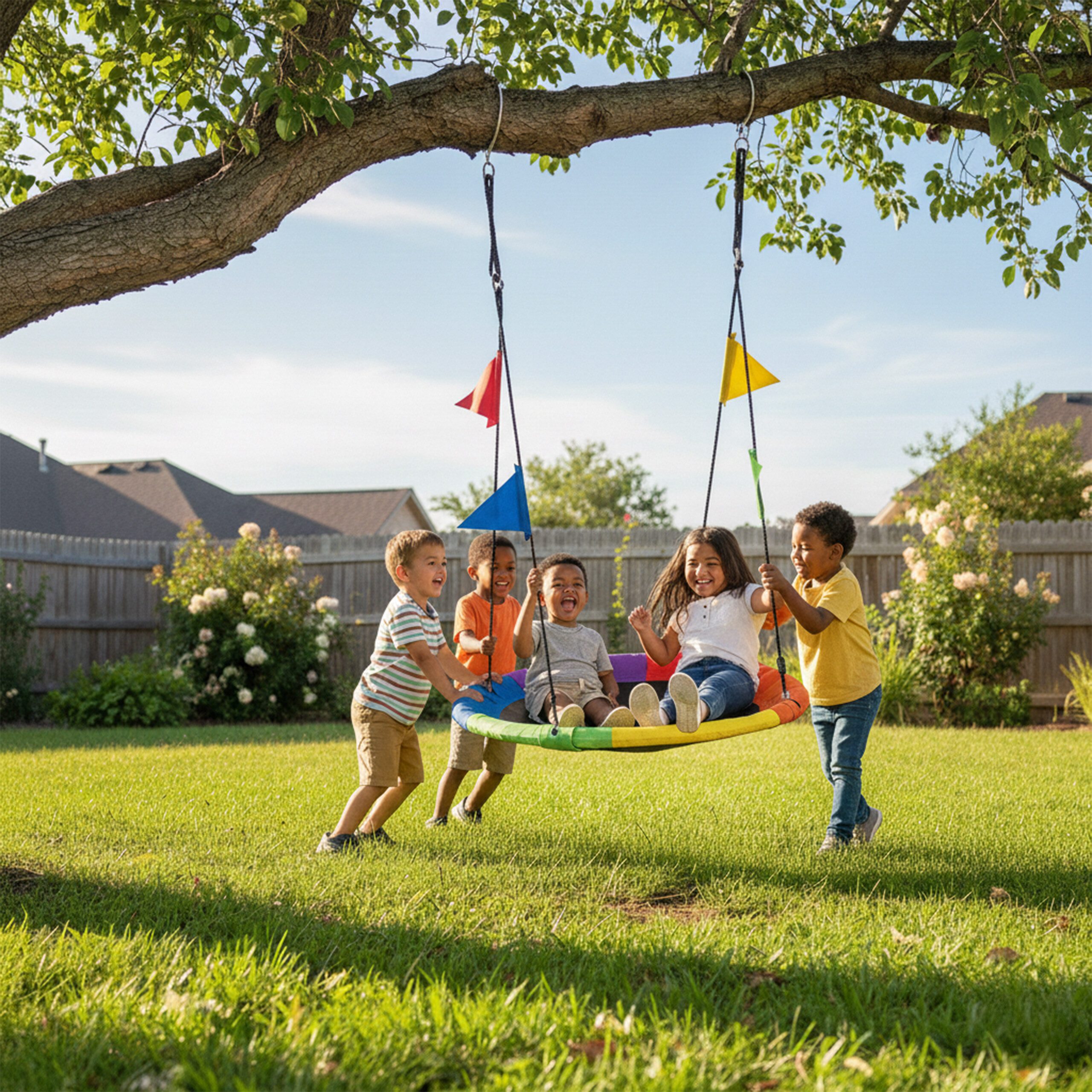 relaxdays Nestschaukel-Sitz Nestschaukel Kinder mit Wimpel, 120 cm – Bild 2 von 5