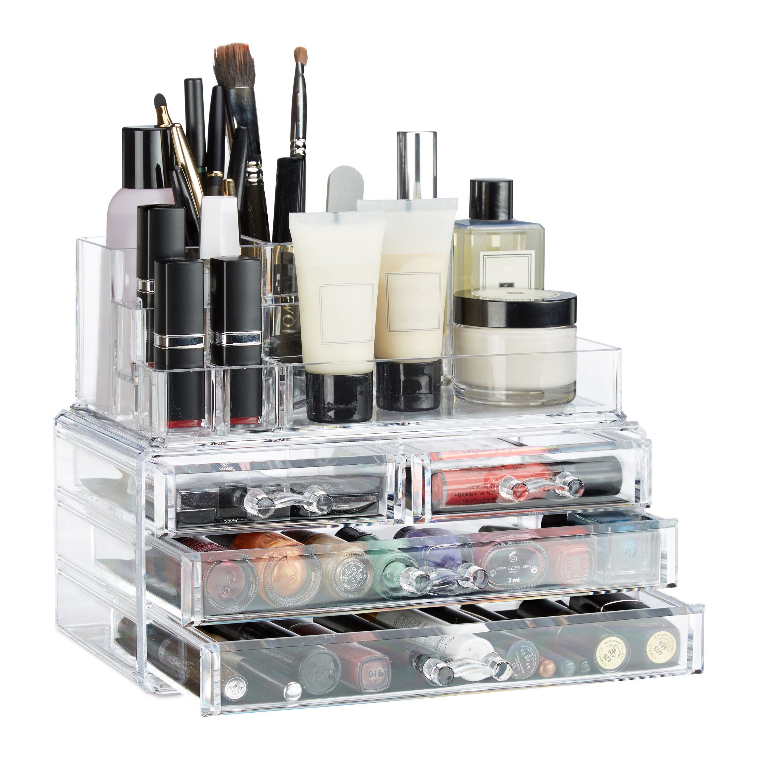 relaxdays Make-Up Organizer mit 4 Schubladen, 2-tlg., transparent