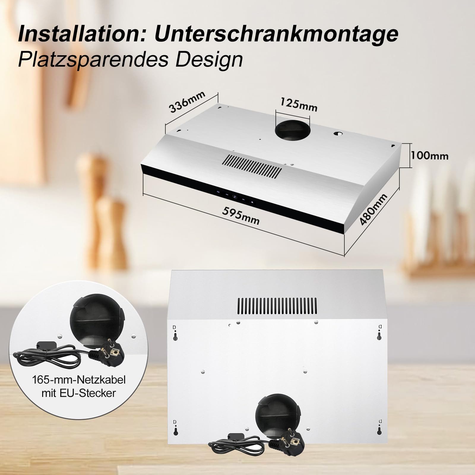 SNDOAS Kopffreihaube Dunstabzugshaube 60cm Unterbau für Umluft oder Abluft, 201 m³/h Dunstabzugshaube 60cm Unterbau für Umluft oder Abluft, 201 m³/h, mit Aktivkohlefilter CF-K, Edelstahlgehäuse, 3 Stufen, 2W LED-Licht