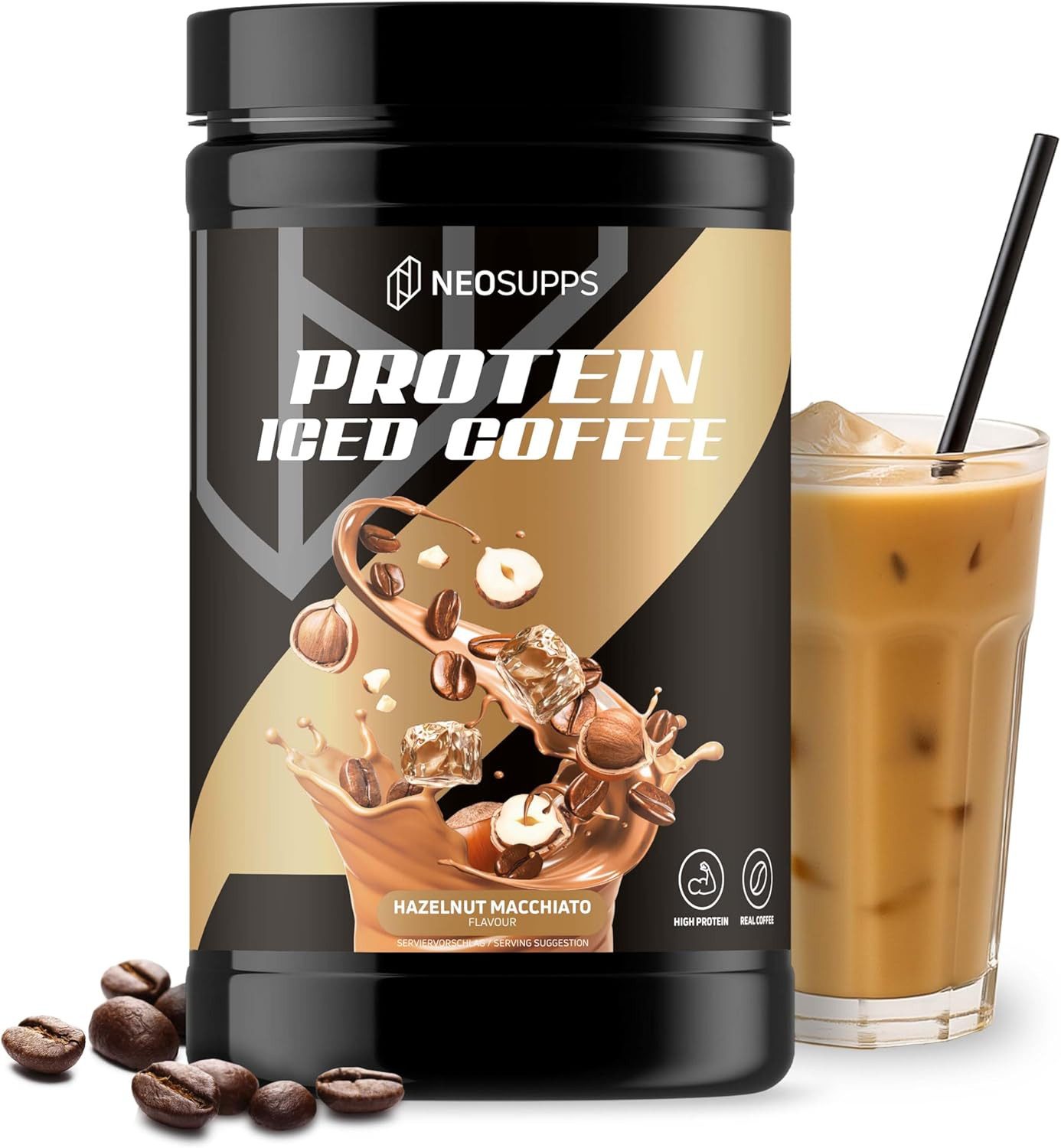 Neosupps Protein Iced Coffee Hazelnut Macchiato 500g, Eiweißkaffee, 20g Protein Pulver, 500 g, 80mg Koffein pro Portion, Low Sugar Protein Drink mit Kaffee