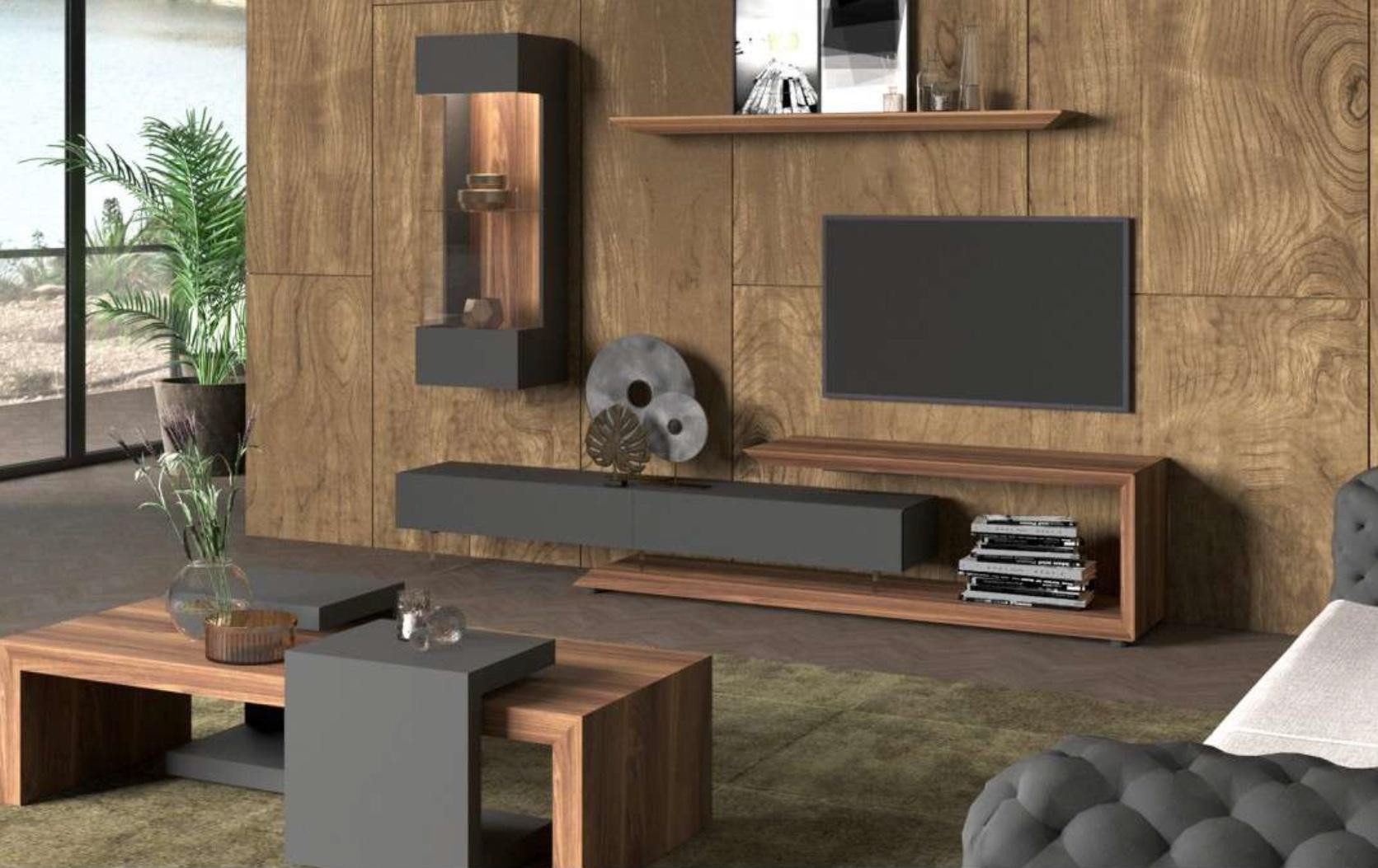 JVmoebel Wohnwand Wandpanel Seitenschrank Walnuss-Natur Anthrazit Matt, (4-St., 2x TV-Ständer, Seitenschrank, Wandregal), Made in Europa