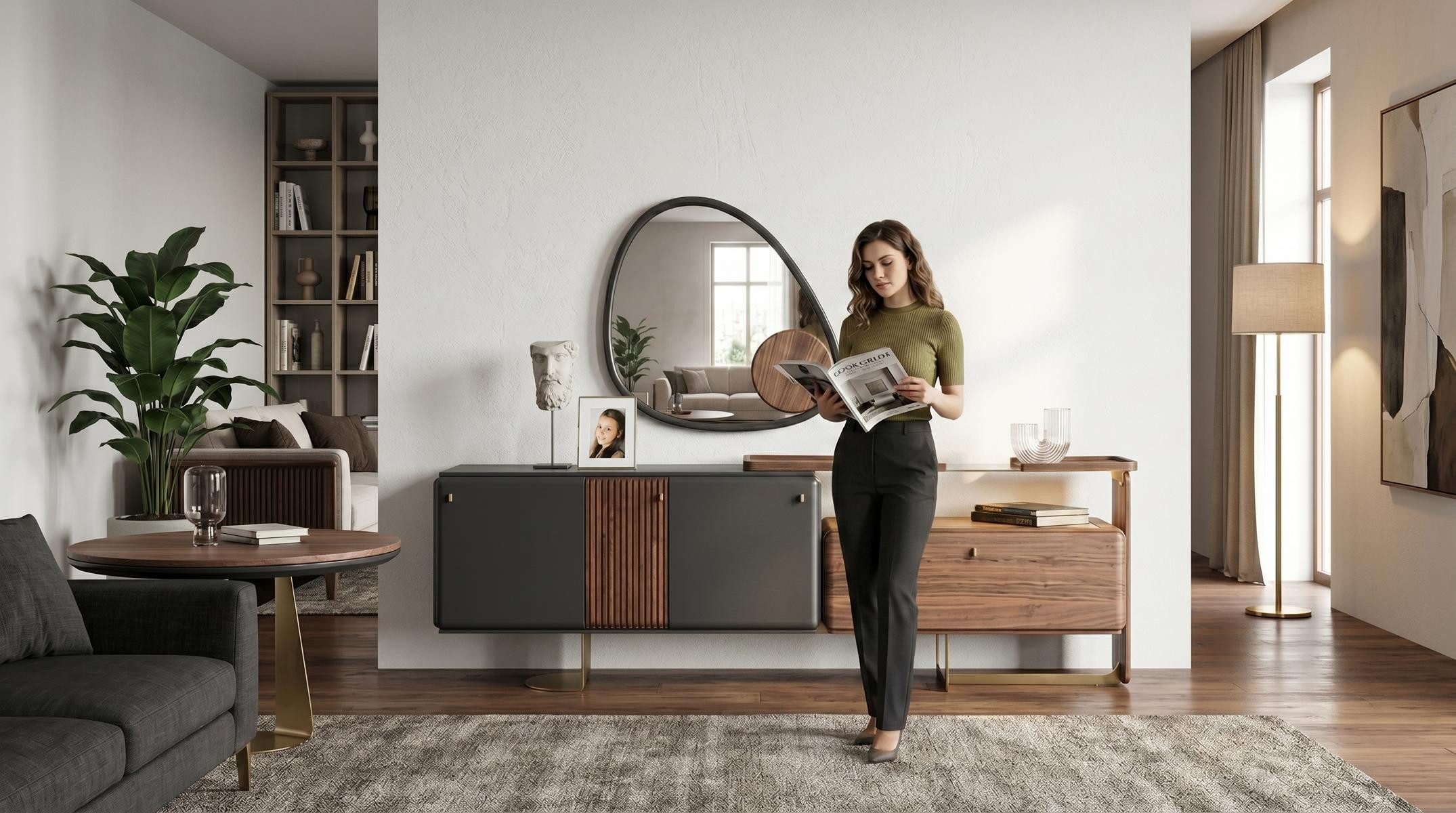 JVmoebel Dekospiegel Edler Dekospiegel fürs Esszimmermit Holzdetail und Grau Designrahmen, Made in Europa