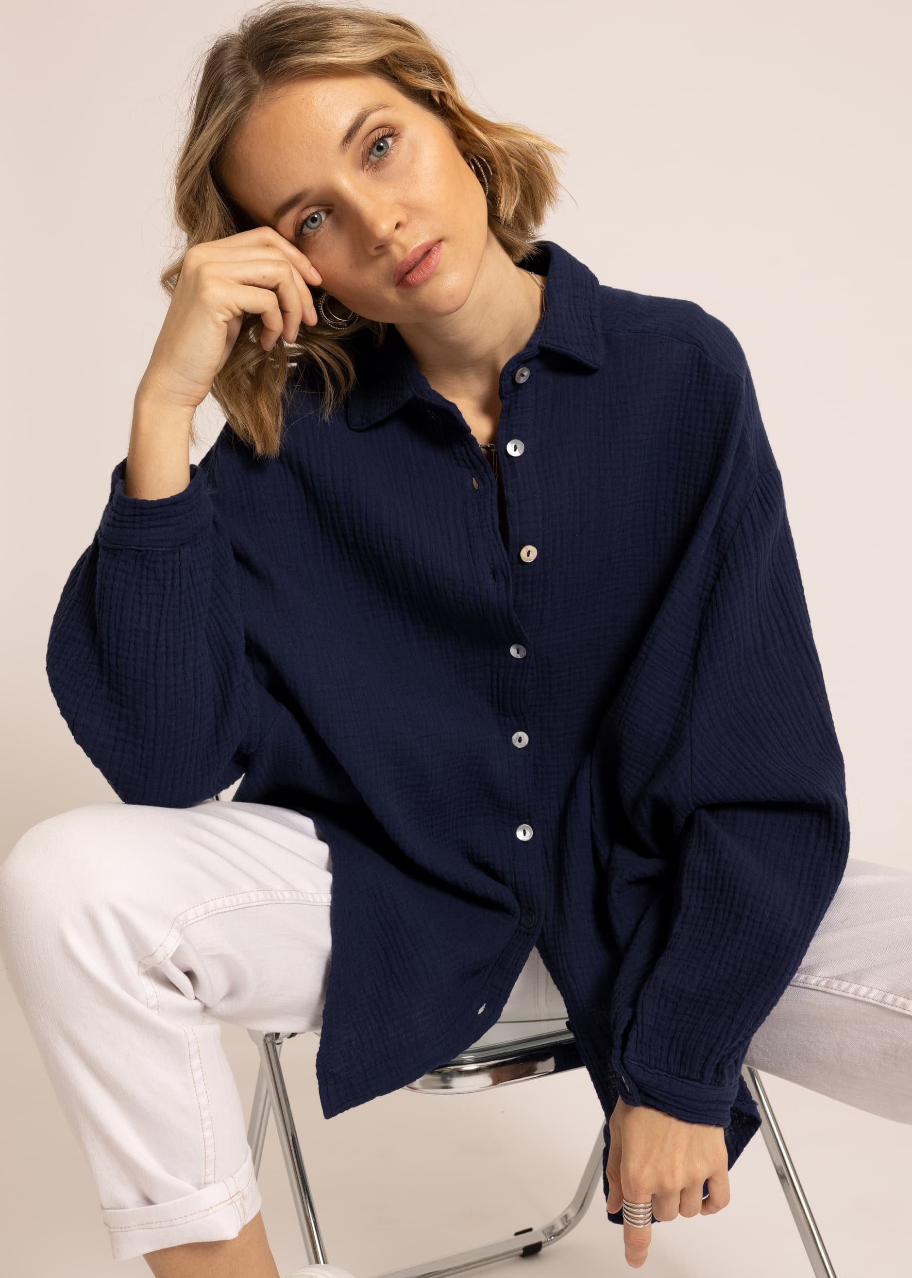 SASSYCLASSY Longbluse Oversize aus 36-48) Bluse V-Ausschnitt, mit Damen Baumwolle lang Dunkelblau One Size Musselin Langarm Hemdbluse (Gr