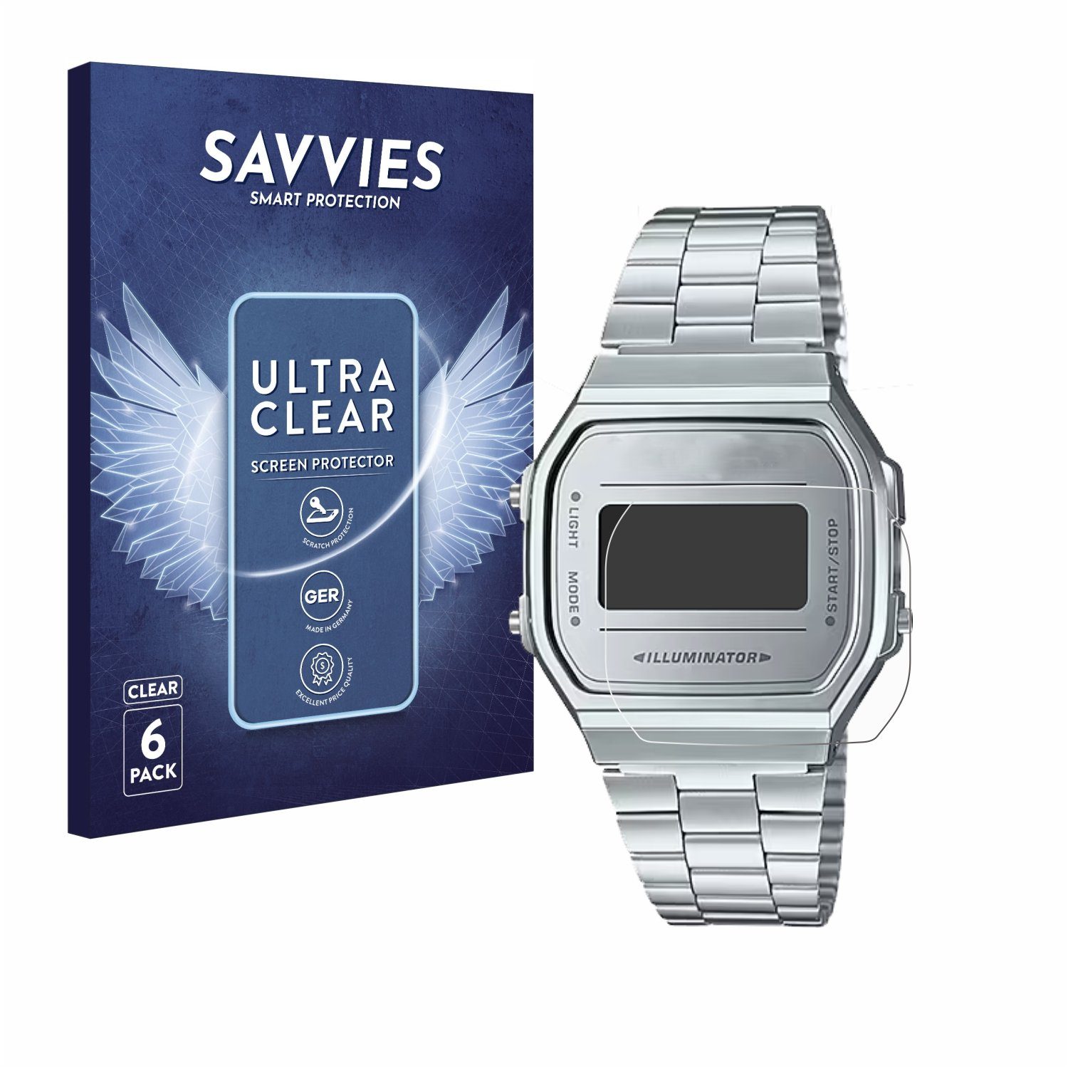 Savvies Displayschutzfolie Schutzfolie für Casio A168WEM-7EF, 6 Stück, Displayschutz Schutz Folie Klar Transparent