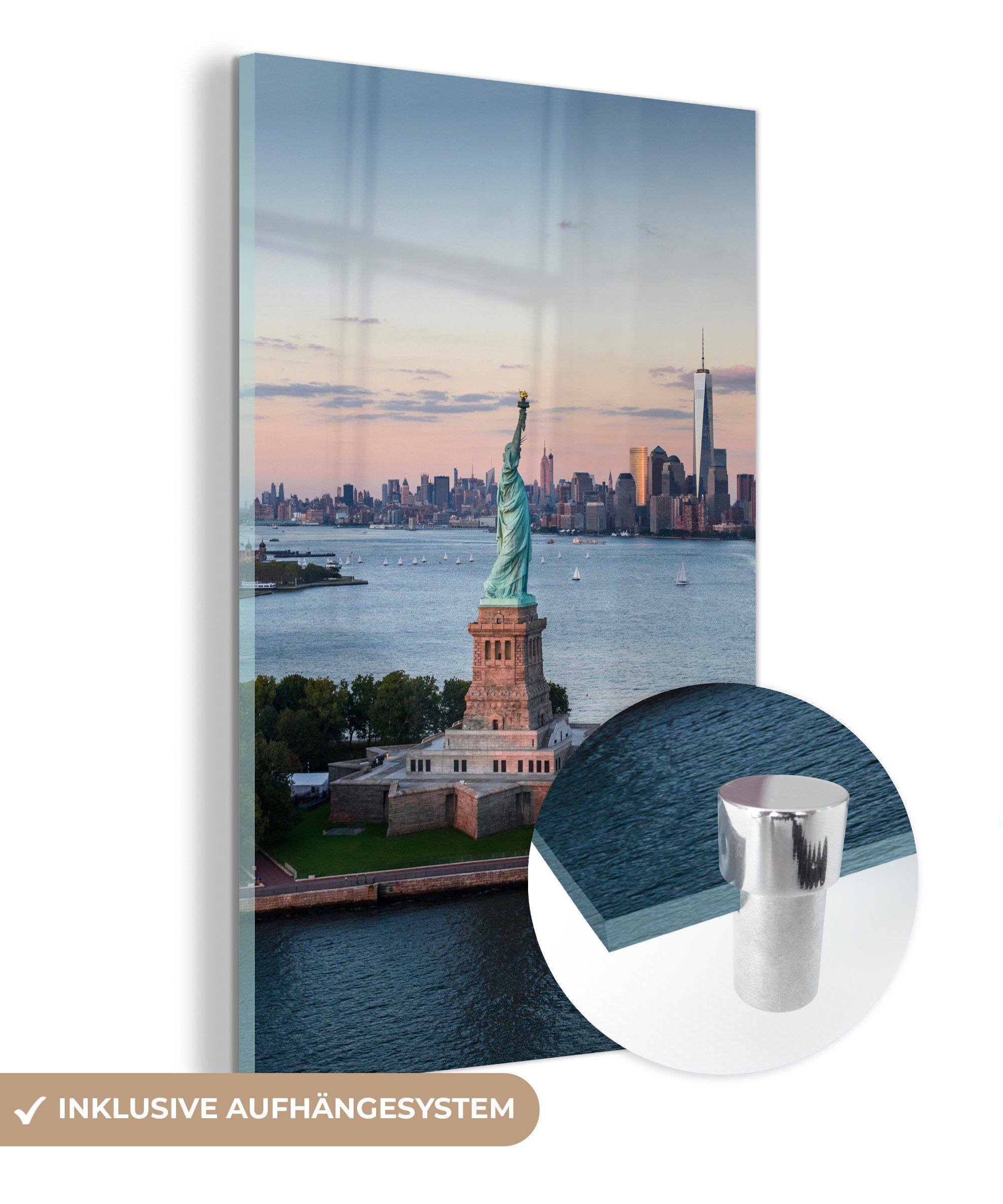 MuchoWow Acrylglasbild New York - Freiheitsstatue - Skyline, (1 St), Glasbilder - Bilder auf Glas Wandbild - Foto auf Glas - Wanddekoration bunt