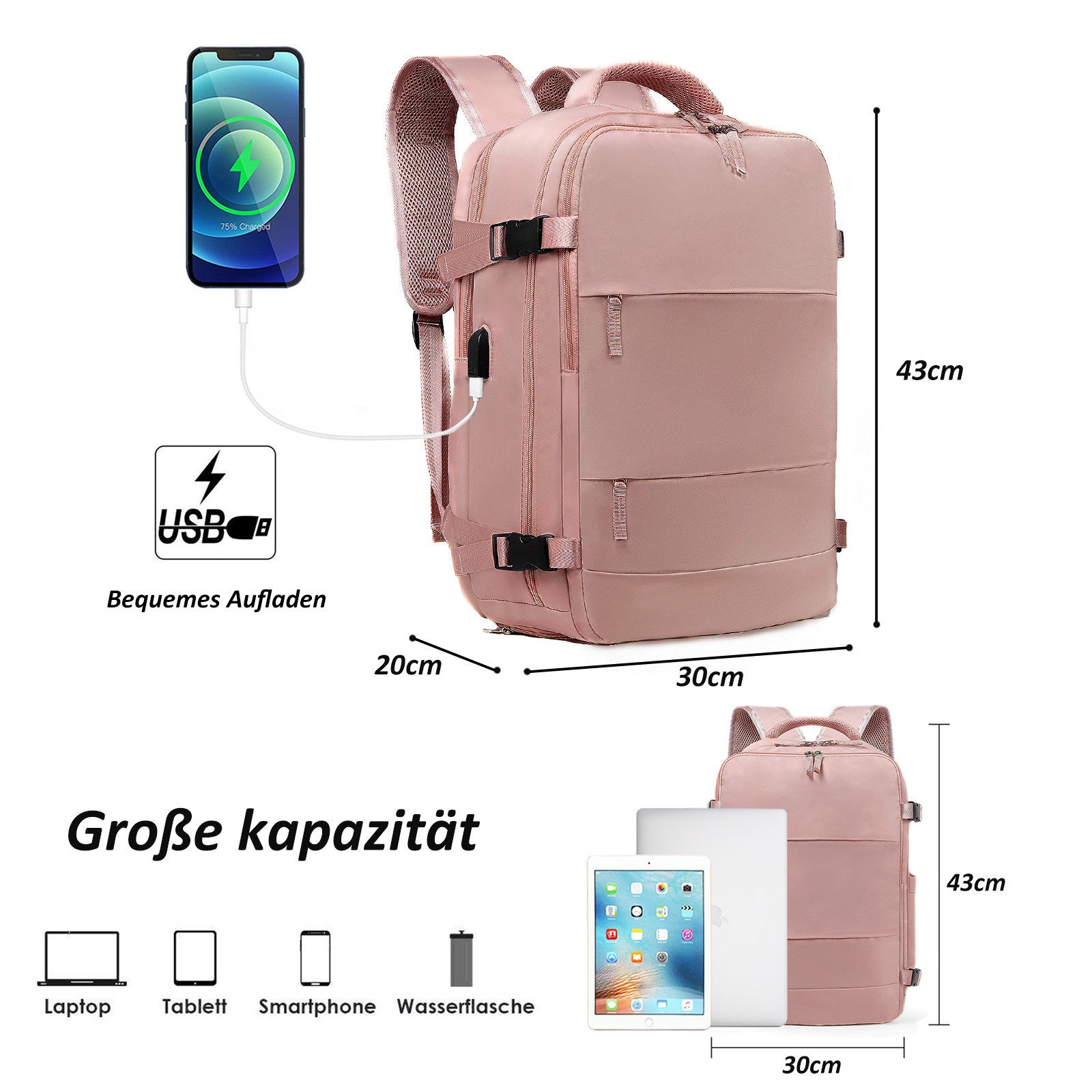 TAN.TOMI Reiserucksack Handgepäck Rucksack 25L 43x30x20 Flugzeug Businese Cabin Bag (Damen Reiserucksack Mehrtaschiges Design), Laptoptasche Passend mit Schuhfach