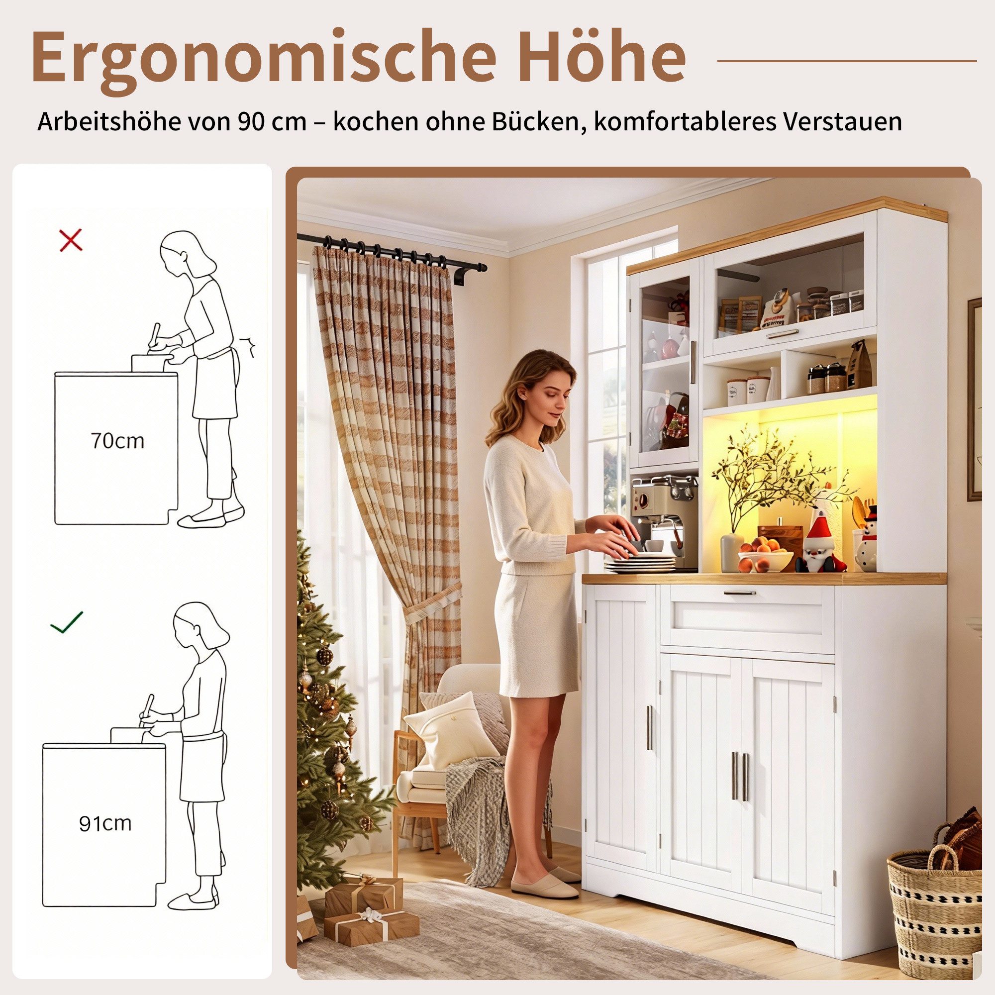 i@home Hochschrank Küchenschrank, 104x40x180cm Vitrine mit LED-Beleuchtung, weiß/schwarz, für Küche & Wohnzimmer – Bild 3 von 5