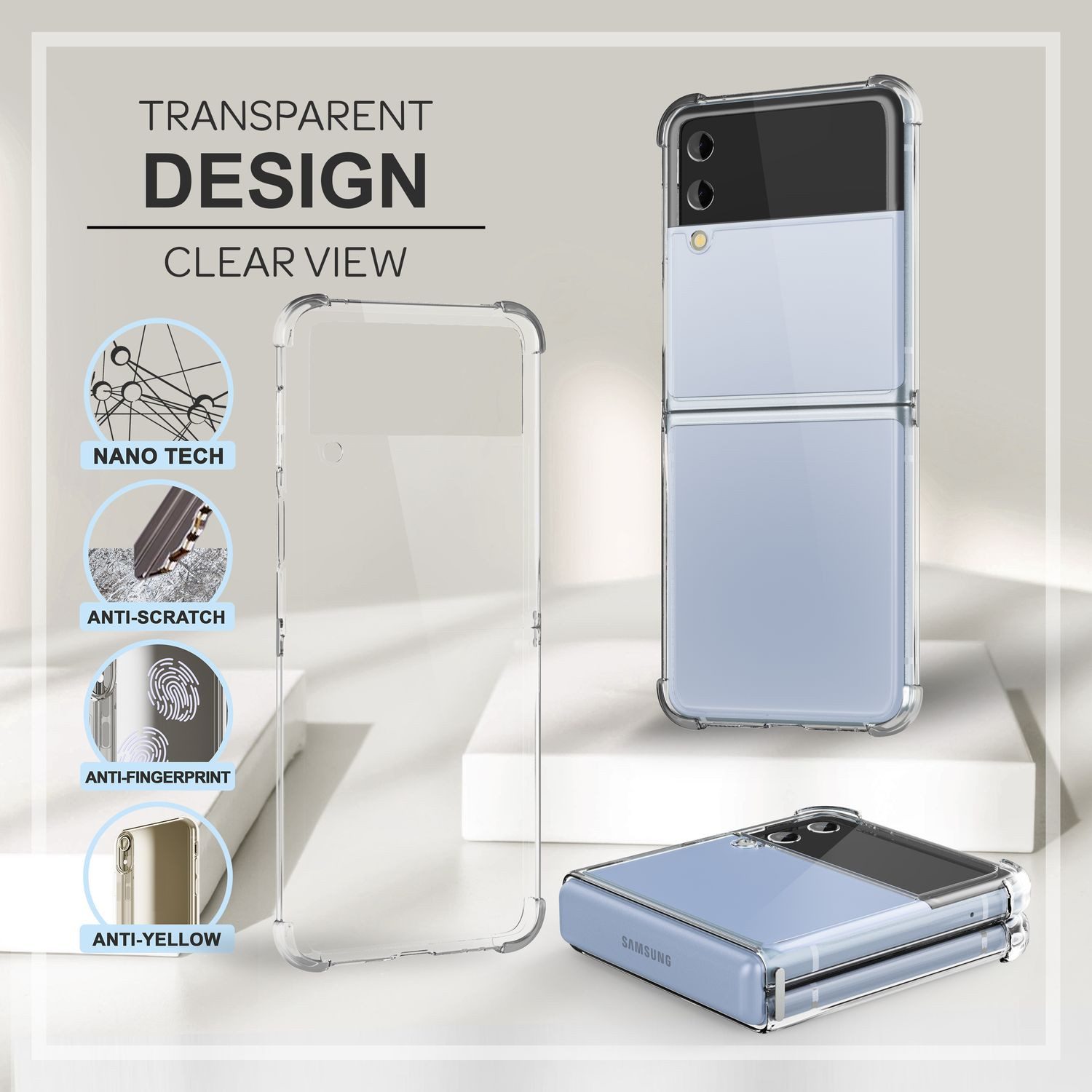 Nalia Smartphone-Hülle Samsung Galaxy Z Flip4 17 cm (6,7 Zoll), Klare Transparente Hülle / Harte Rückseite & Verstärkter Silikon Rand