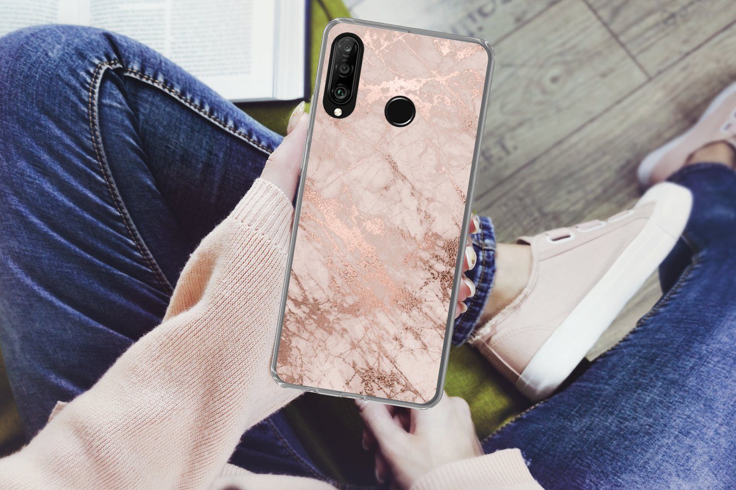 MuchoWow Handyhülle für Huawei P30 Lite Marmor - Rosa - Luxus - Marmoroptik - Glitzer - De, Handy Case, Silikon, Bumper Case Dünn