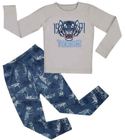 LOREZA Pyjama Jungen zweiteiliger Schlafanzug Langarm Baumwolle TIGER (Set, 2 tlg)
