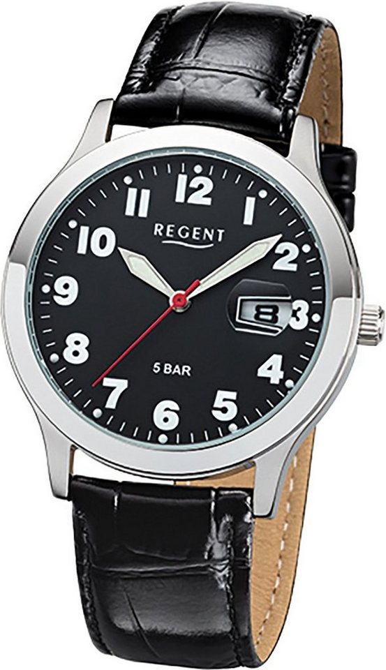 Regent Quarzuhr Regent Leder Herren Uhr F-1023 Quarzuhr, Herrenuhr  Lederarmband schwarz, rundes Gehäuse, mittel (ca. 39mm)