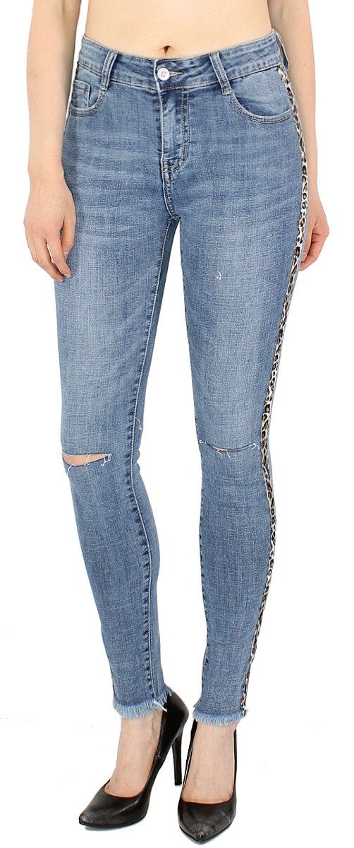 Muster seitlich Pants am Risse Löcher Damen Knie, Streifen Tiger 5-Pocket-Style, dy_mode Destroyed-Jeans Hose Knie Stretch am Skinny Jeans Jeanshose