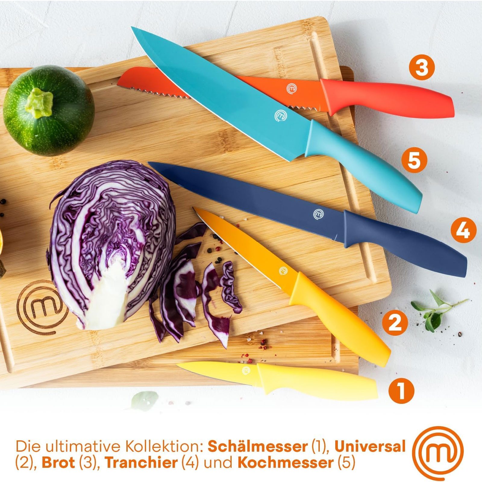 Masterchef Messer-Set Messerblock 6-teilig, Messerblock mit 5 Küchenmessern bunt