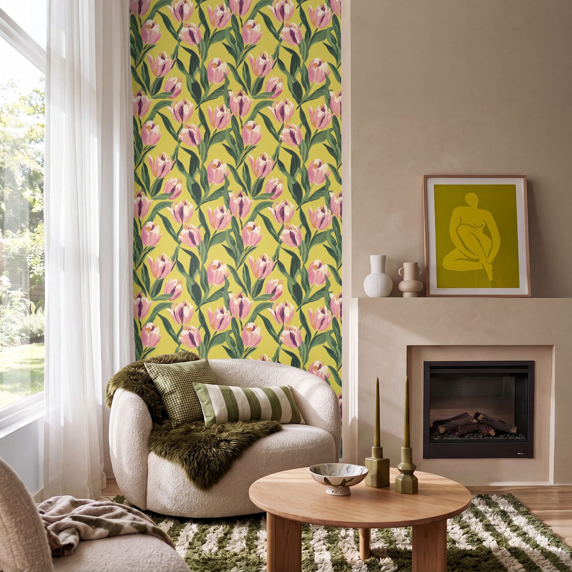 OnlyWow Fototapete Tulpen - Botanisch - Gelb, Matt, bedruckt, Wandtapete, Schlafzimmer, Wanddekoration 100x220cm