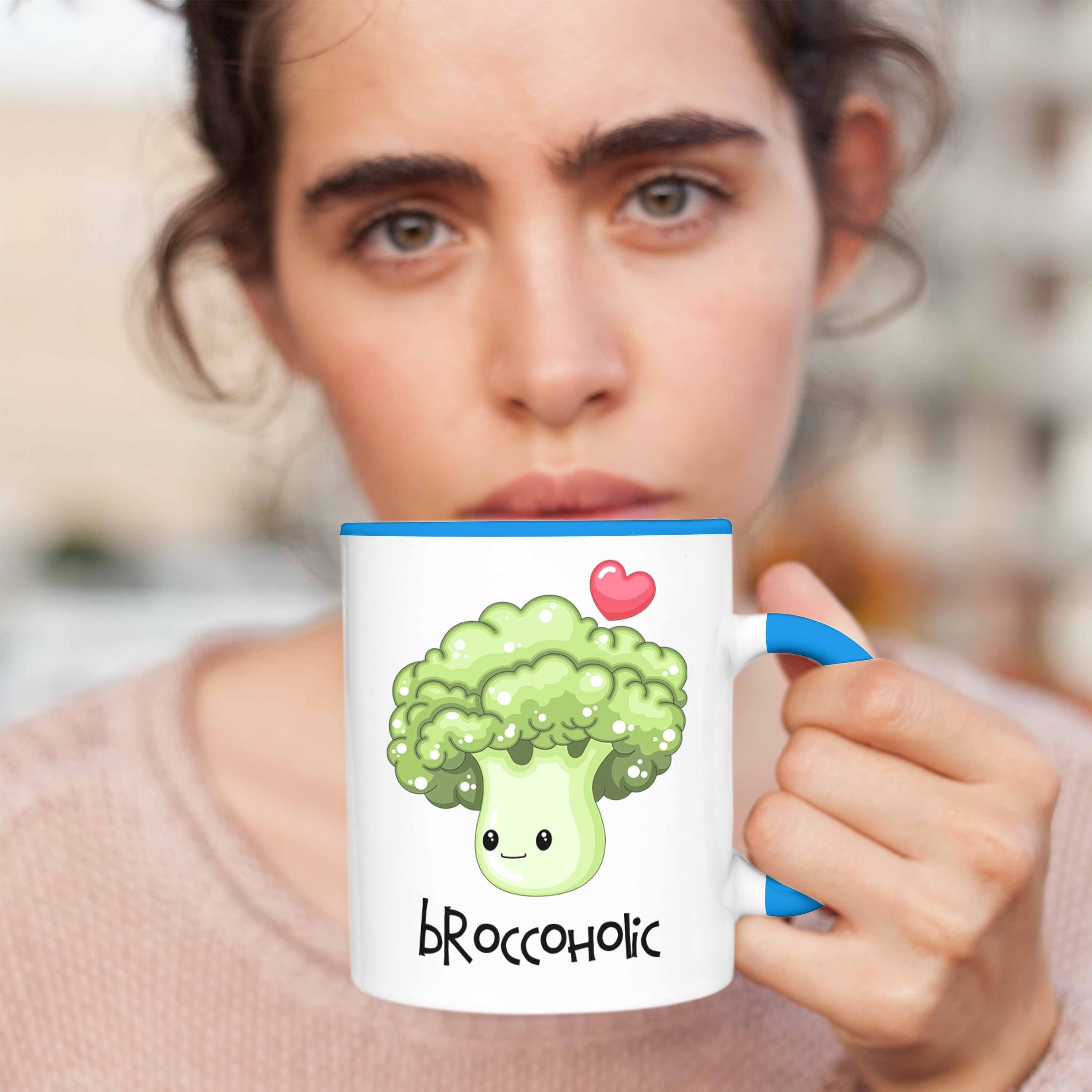 Trendation Broccoli-Tasse Geschenk Gemüseliebh Witziges "Broccoholic" Tasse Lustige für Blau