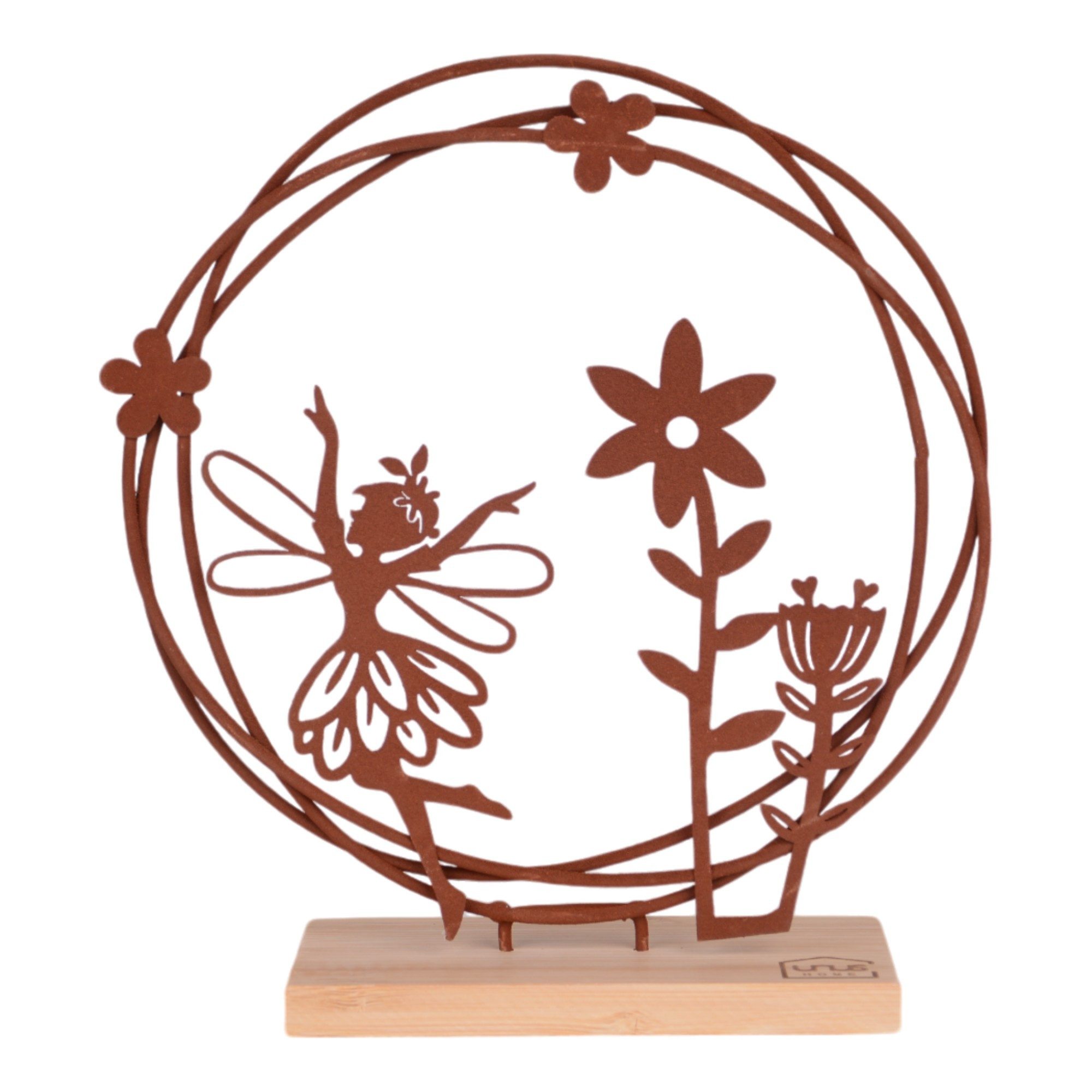 UNUS HOME Dekofigur Aufsteller Tanzende Fee (Durchmesser: 20cm), zauberhafte Elfen-Silhouette aus Metall und Bambus-Holz
