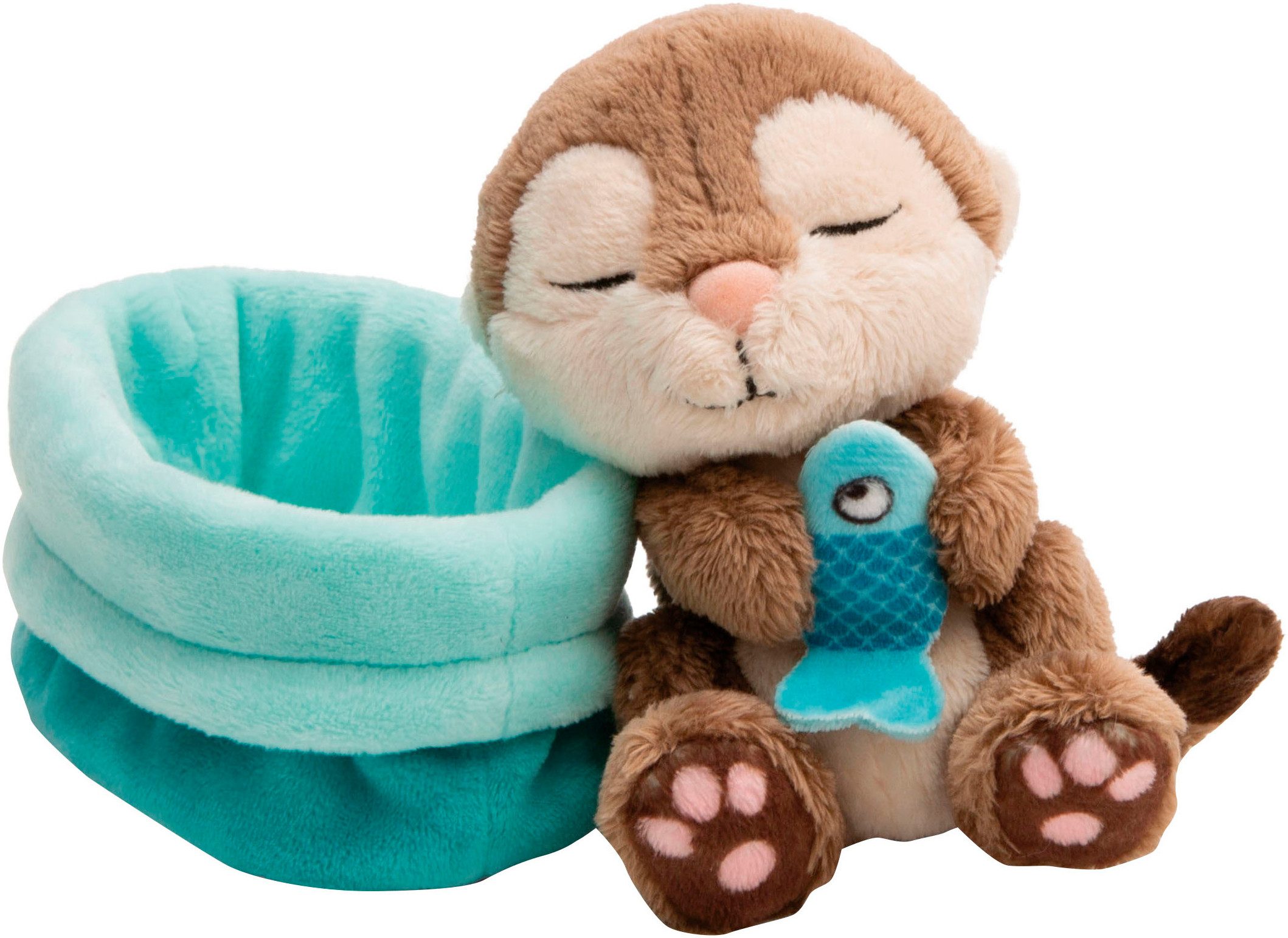 Nici Kuscheltier Sleeping Pets GREEN, Otter mit Fisch 12 cm schlafend im Körbchen blau